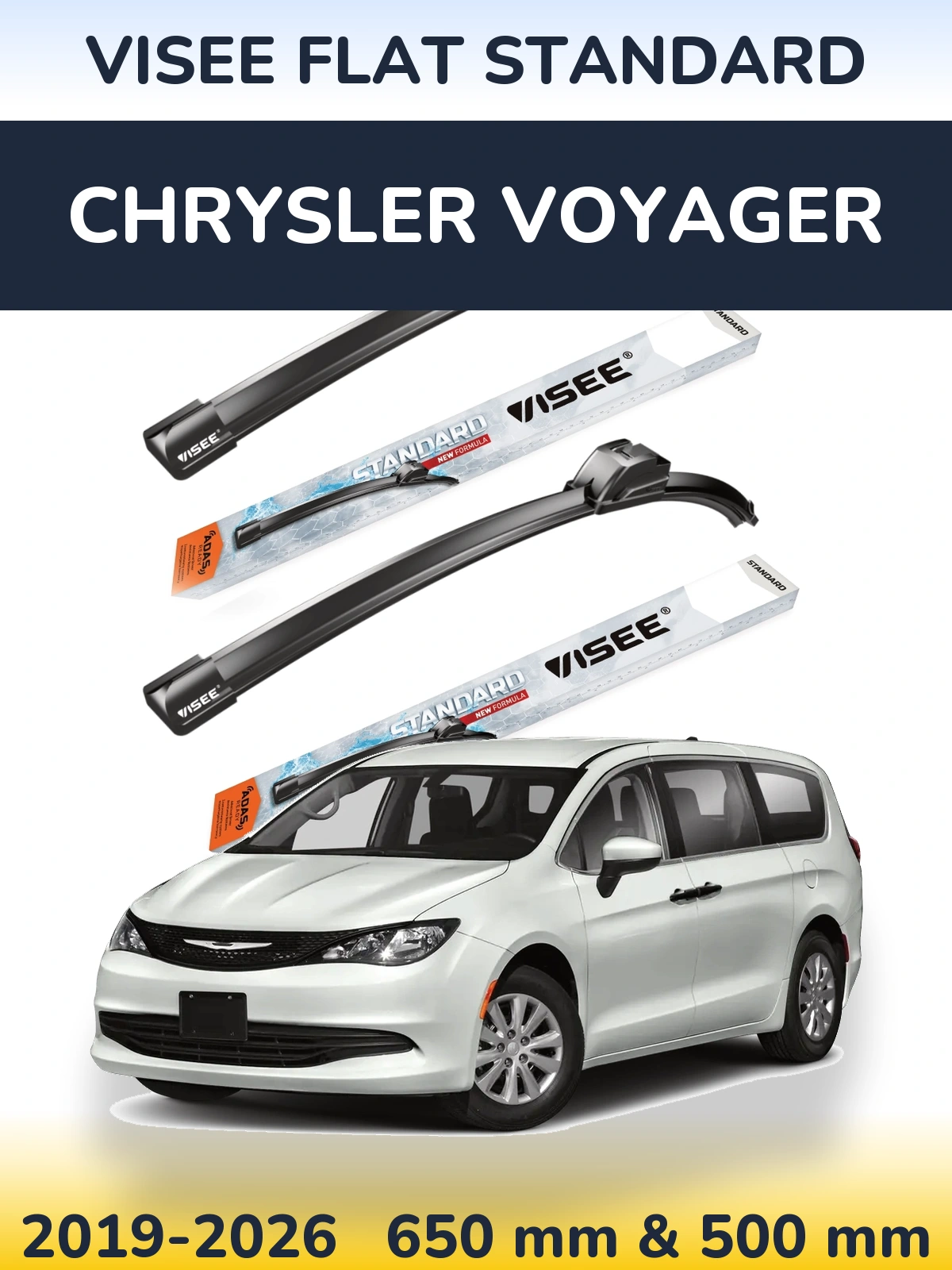 Комплект передних дворников VISEE FLAT STANDARD 650 & 500 мм для Chrysler Voyager 2019-2026