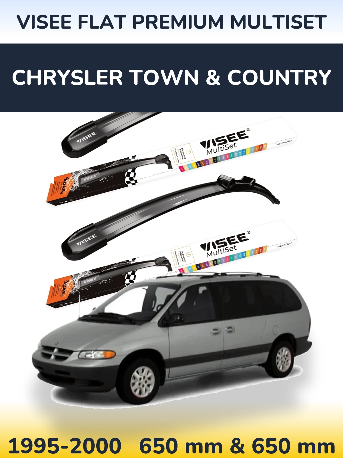 Front wiper blade set VISEE FLAT PREMIUM MultiSet 650 & 650 mm for Chrysler Town & Country 1995-2000