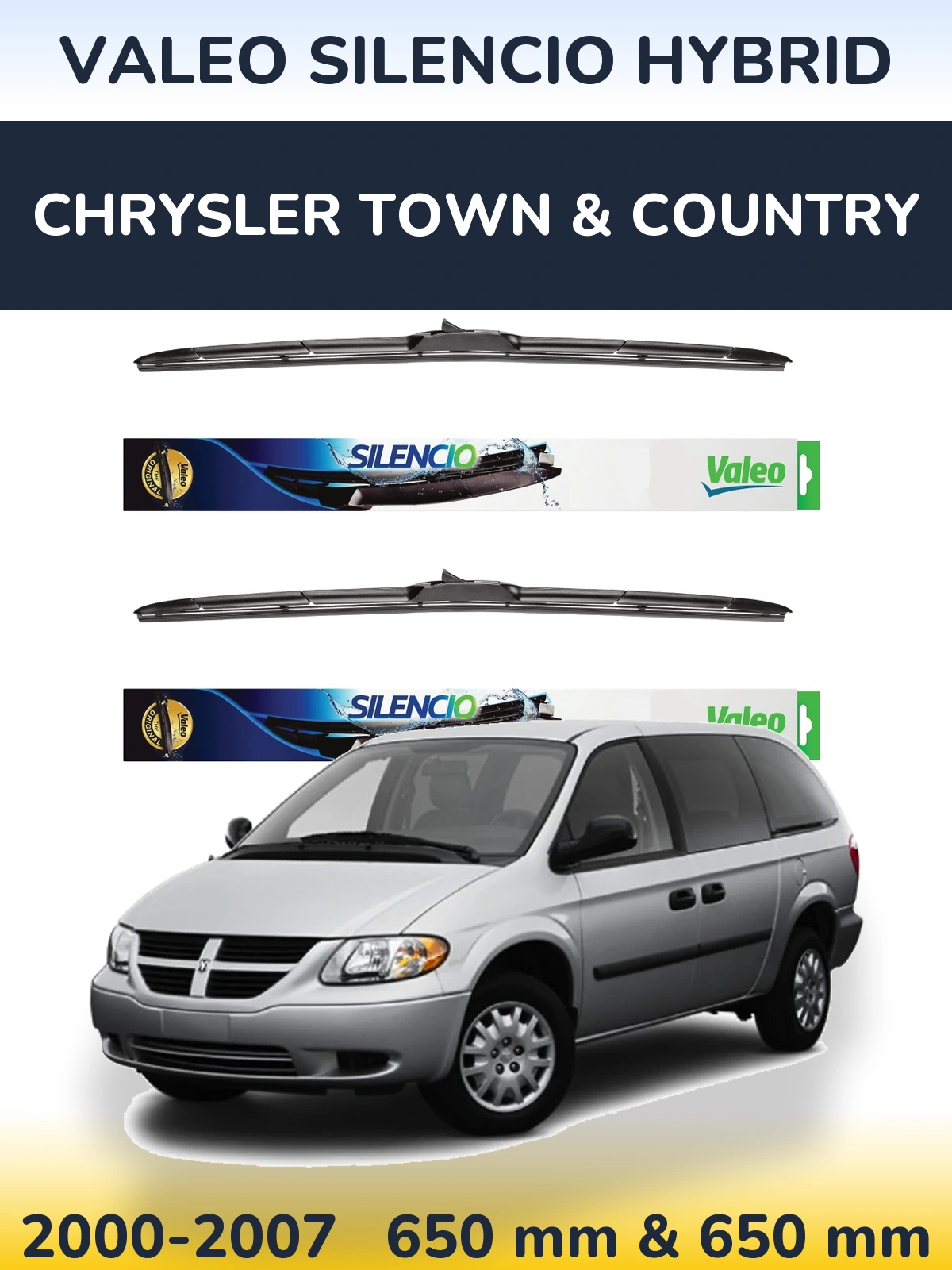 Front wiper blade set Valeo Silencio Hybrid 650 & 650 mm for Chrysler Town & Country 2000-2007