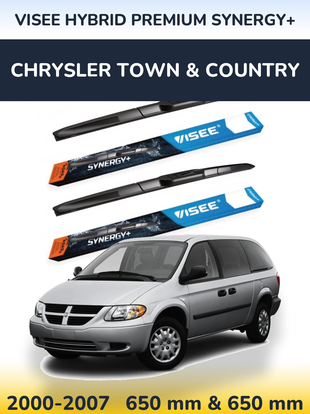 Front wiper blade set VISEE HYBRID PREMIUM SYNERGY+ 650 & 650 mm for Chrysler Town & Country 2000-2007