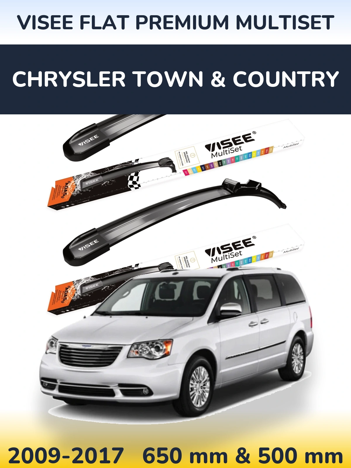 Комплект передніх щіток VISEE FLAT PREMIUM MultiSet 650 & 500 мм для Chrysler Town & Country 2009-2017