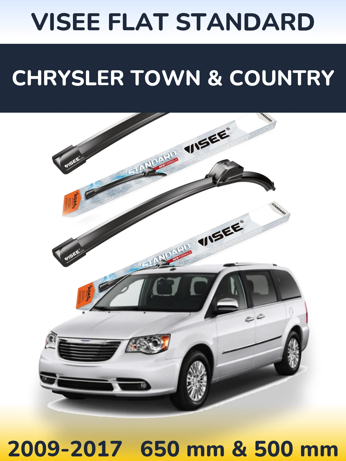 Комплект передніх щіток VISEE FLAT STANDARD 650 & 500 мм для Chrysler Town & Country 2009-2017