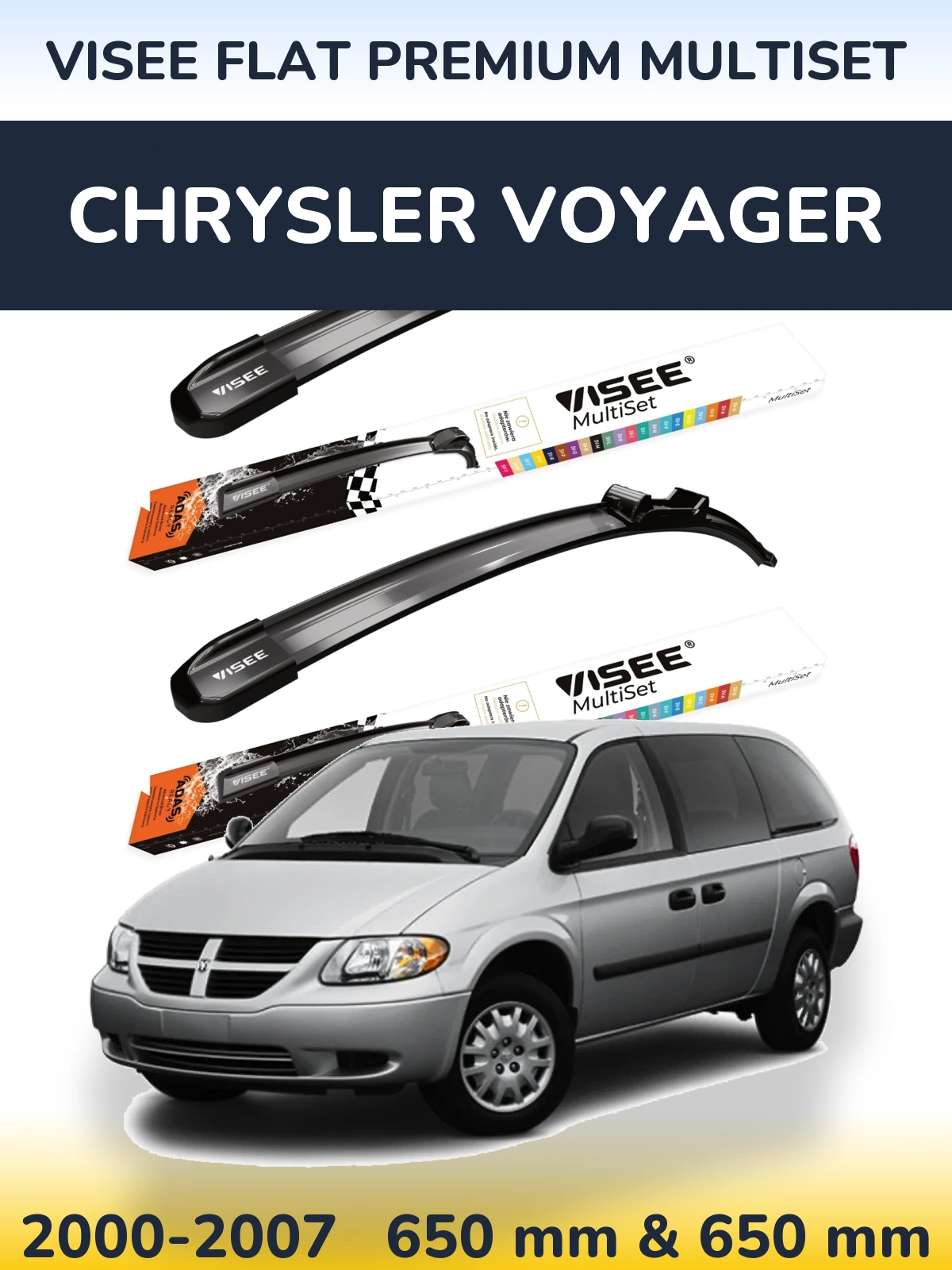 Front wiper blade set VISEE FLAT PREMIUM MultiSet 650 & 650 mm for Chrysler Voyager 2000-2007