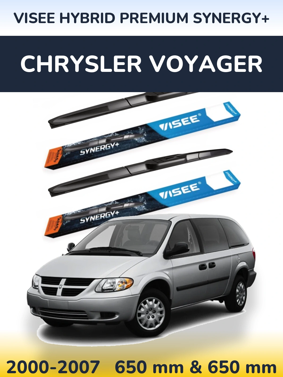 Front wiper blade set VISEE HYBRID PREMIUM SYNERGY+ 650 & 650 mm for Chrysler Voyager 2000-2007