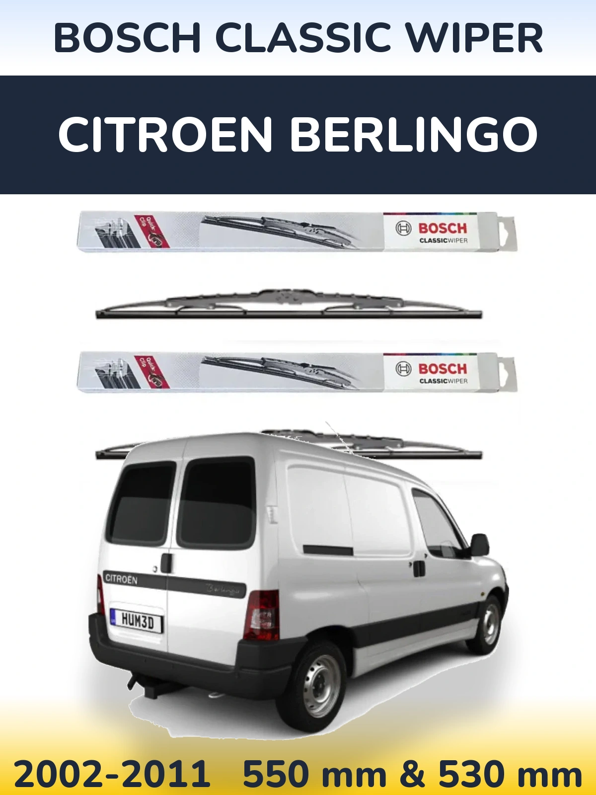 Front wiper blade set BOSCH Classic Wiper 550 & 530 mm for Citroen Berlingo 2002-2011