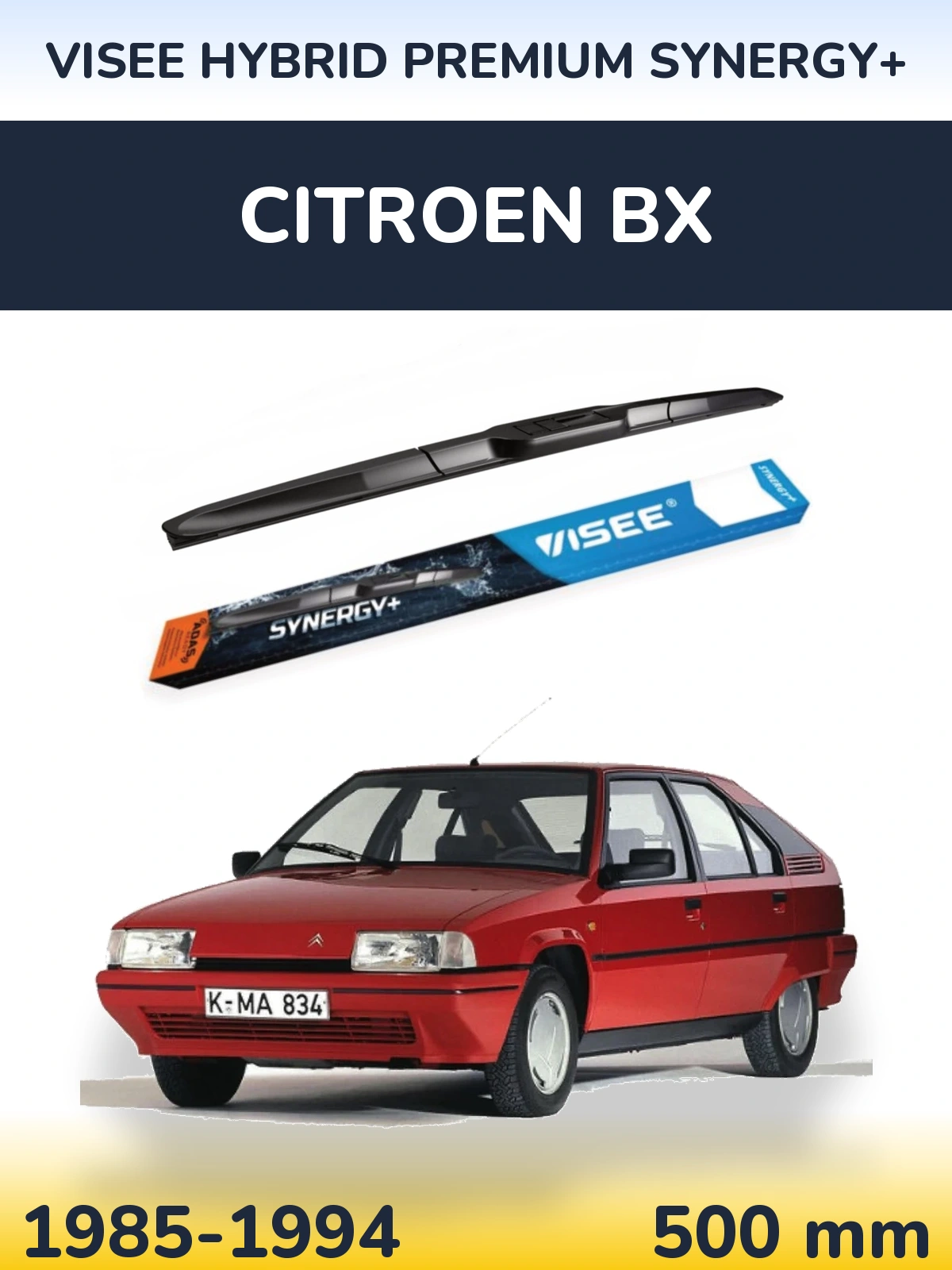 Front wiper blade VISEE HYBRID PREMIUM SYNERGY+ 500 mm for Citroen BX 1985-1994