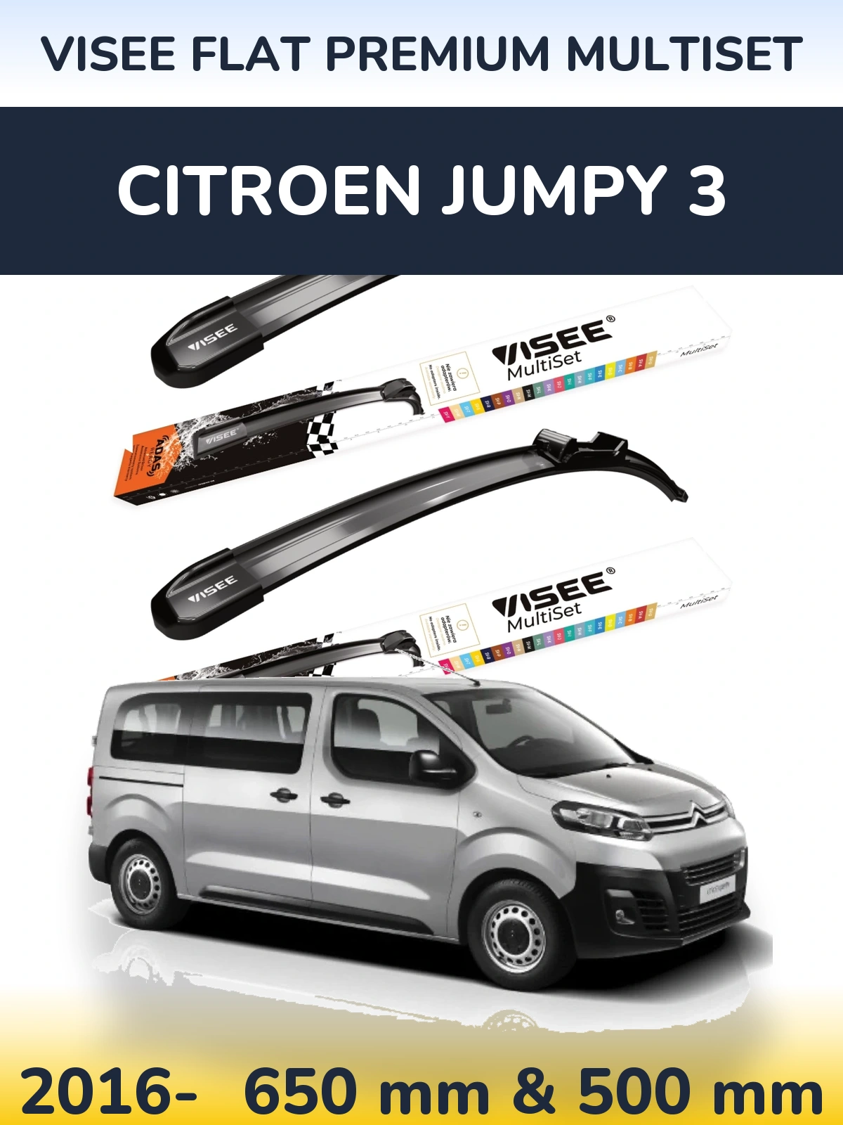 Front wiper blade set VISEE FLAT PREMIUM MultiSet 650 & 500 mm for Citroen Jumpy 3 2016-2026