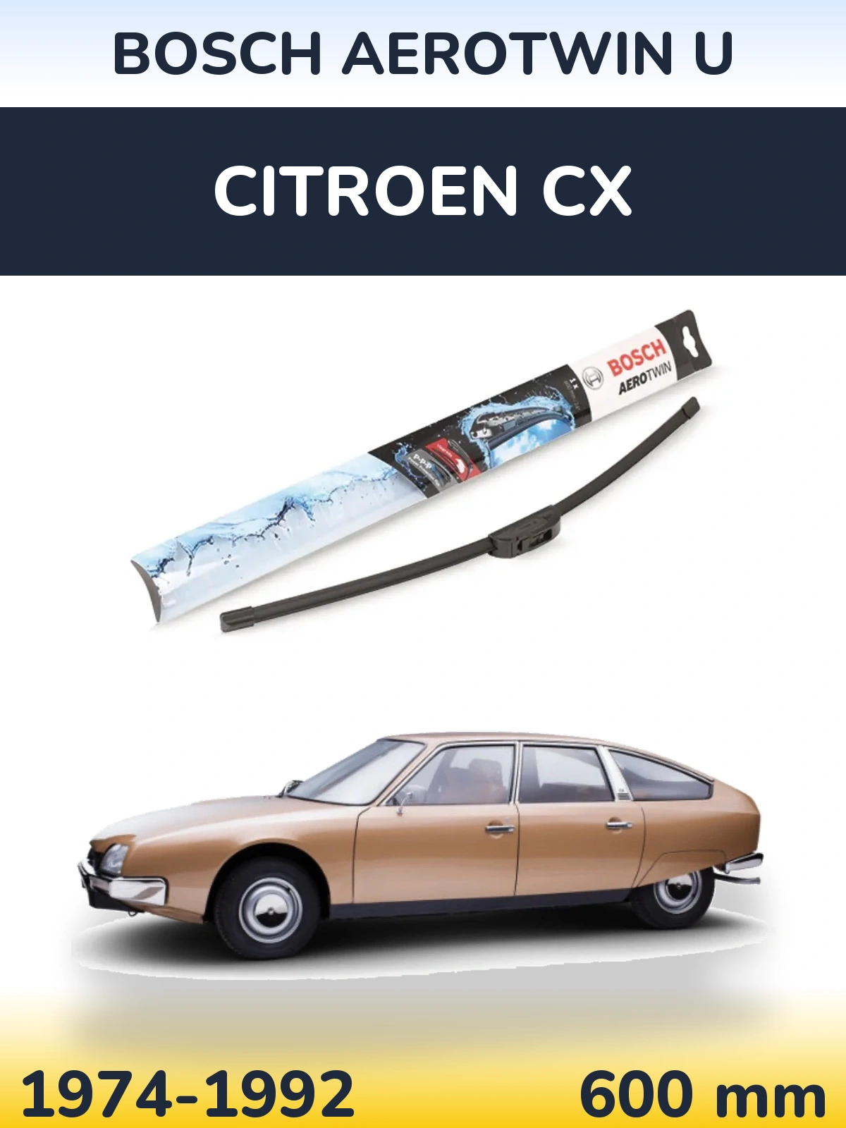 Front wiper blade BOSCH AeroTwin U 600 mm for Citroen CX 1974-1992