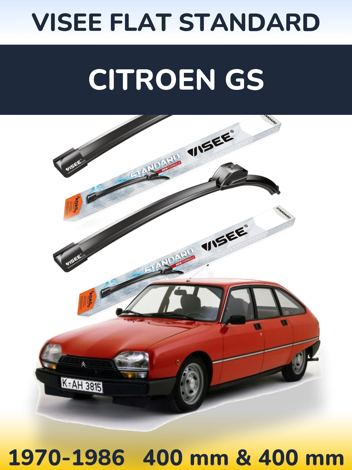 Front wiper blade set VISEE FLAT STANDARD 400 & 400 mm for Citroen GS 1970-1986