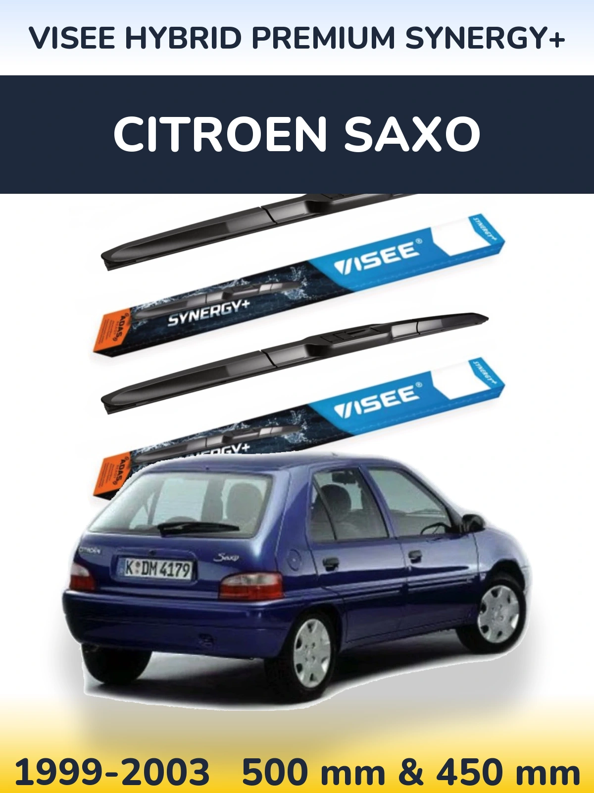 Front wiper blade set VISEE HYBRID PREMIUM SYNERGY+ 500 & 450 mm for Citroen Saxo 1999-2003