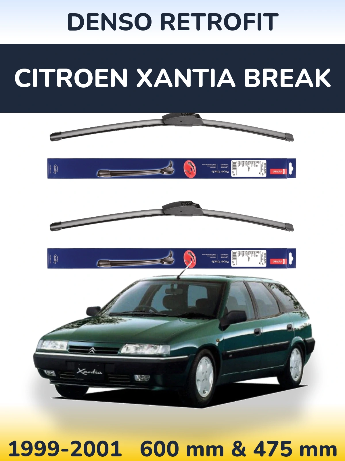 Front wiper blade set Denso Retrofit 600 & 475 mm for Citroen Xantia Break 1999-2001