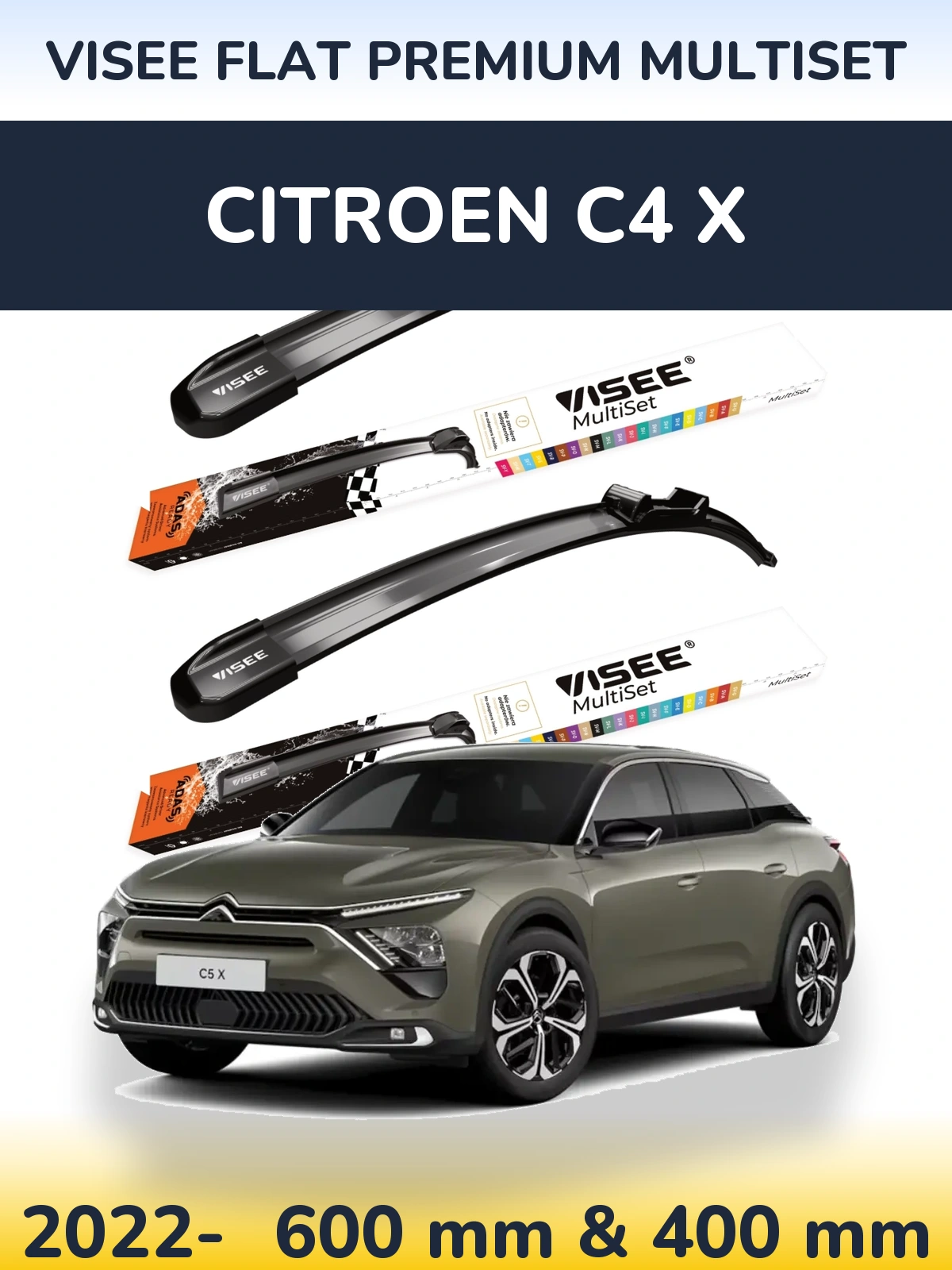 Front wiper blade set VISEE FLAT PREMIUM MultiSet 600 & 400 mm for Citroen C4 X 2022-2026