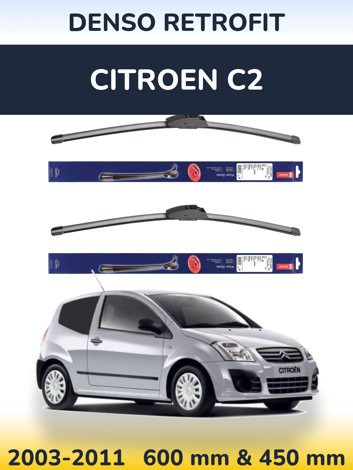 Front wiper blade set Denso Retrofit 600 & 450 mm for Citroen C2 2003-2011