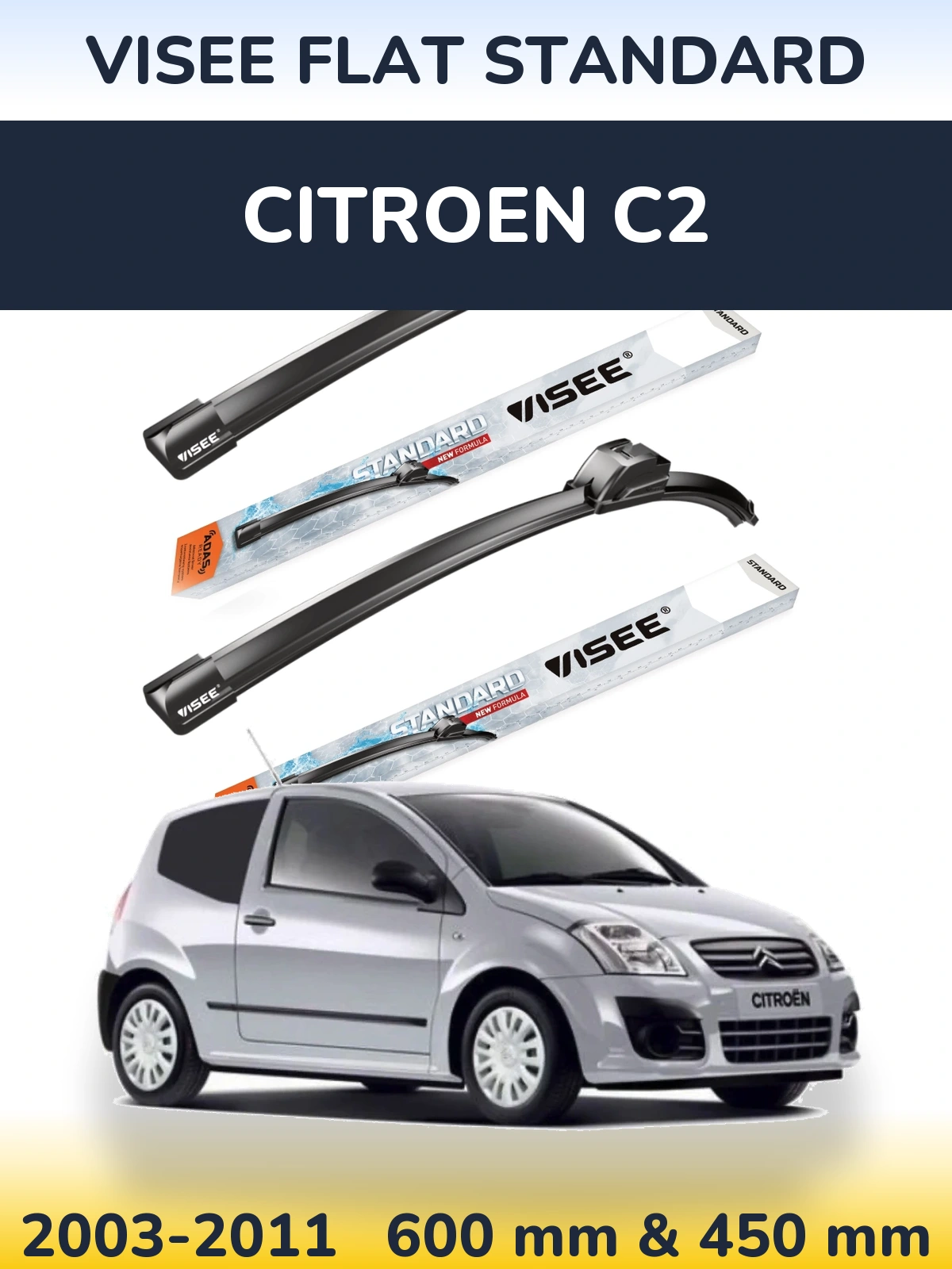 Front wiper blade set VISEE FLAT STANDARD 600 & 450 mm for Citroen C2 2003-2011