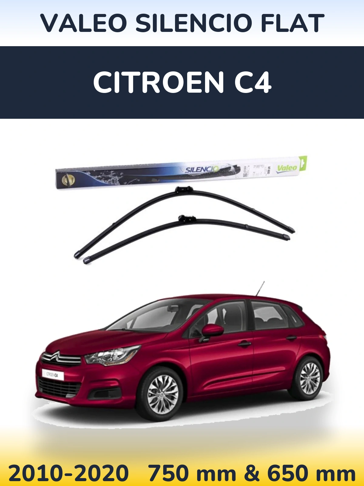 Front wiper blade set Valeo Silencio Flat 750 & 650 mm for Citroen C4 2010-2020