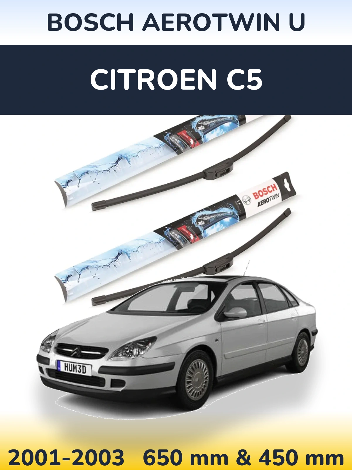 Front wiper blade set BOSCH AeroTwin U 650 & 450 mm for Citroen C5 2001-2003