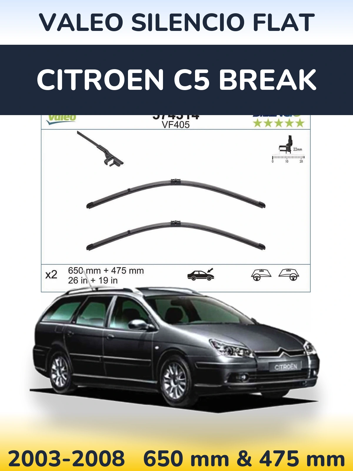Комплект передніх щіток Valeo Silencio Flat 650 & 475 мм для Citroen C5 Break 2003-2008