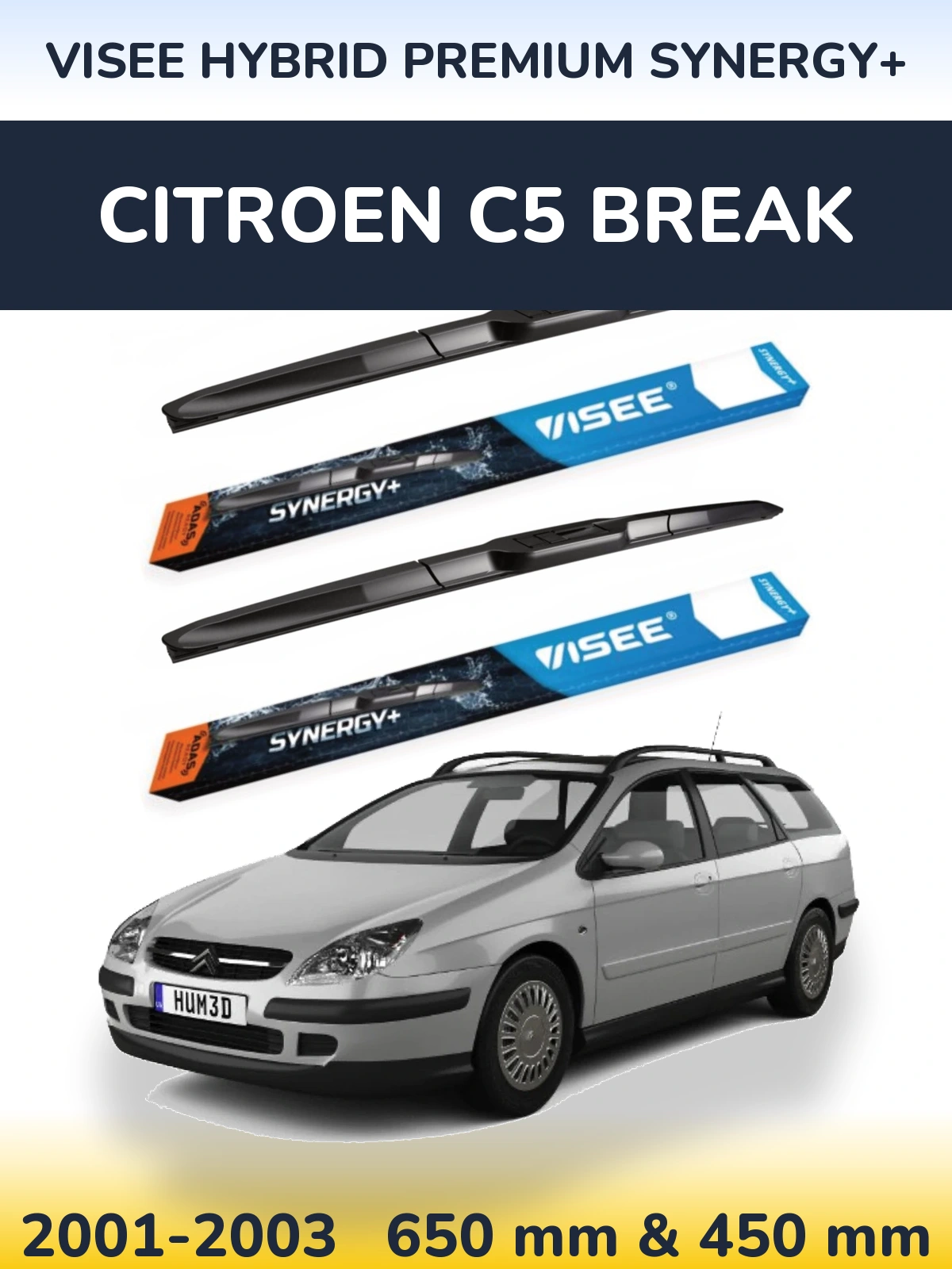 Front wiper blade set VISEE HYBRID PREMIUM SYNERGY+ 650 & 450 mm for Citroen C5 Break 2001-2003