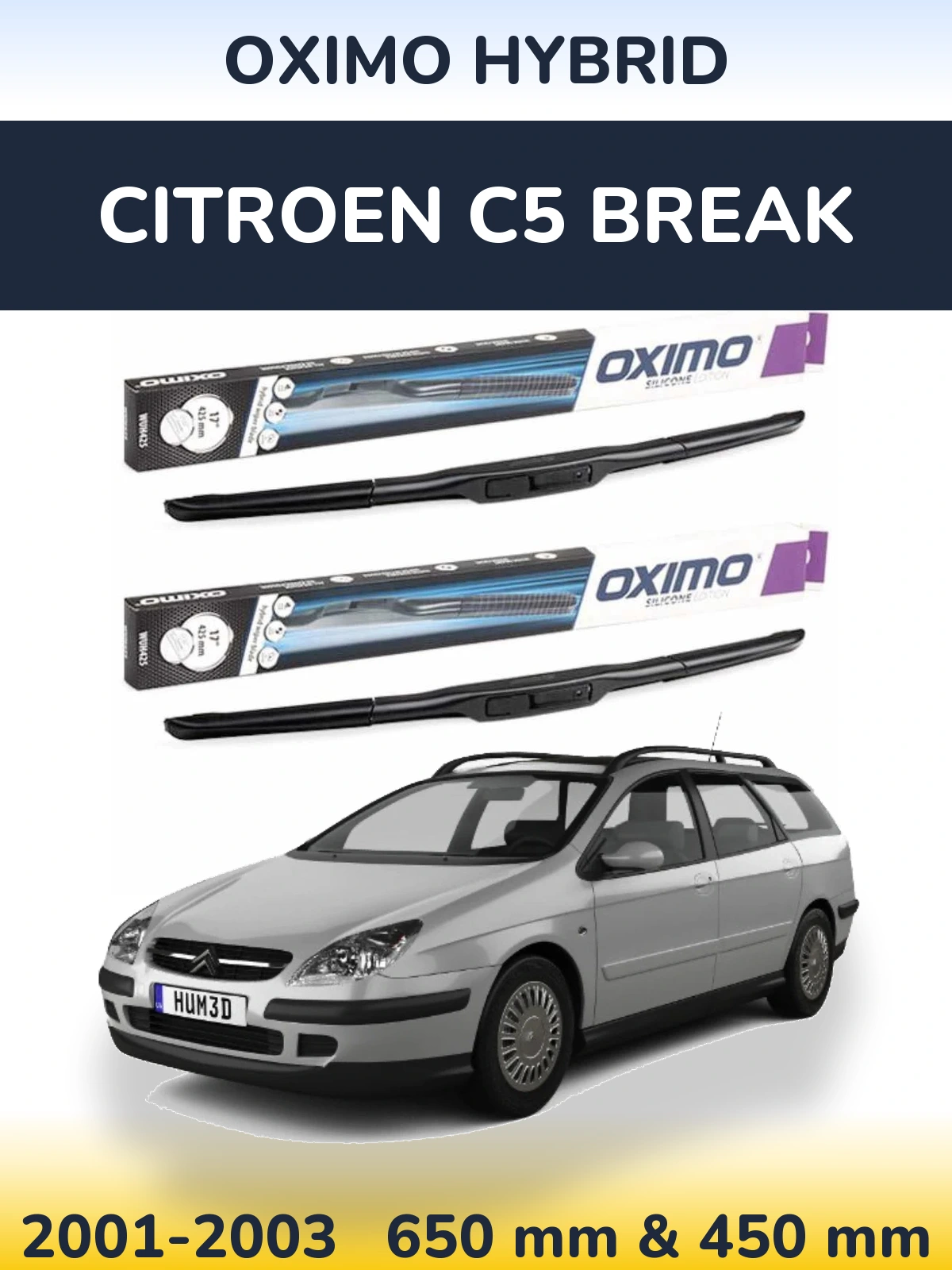 Front wiper blade set Oximo Hybrid 650 & 450 mm for Citroen C5 Break 2001-2003