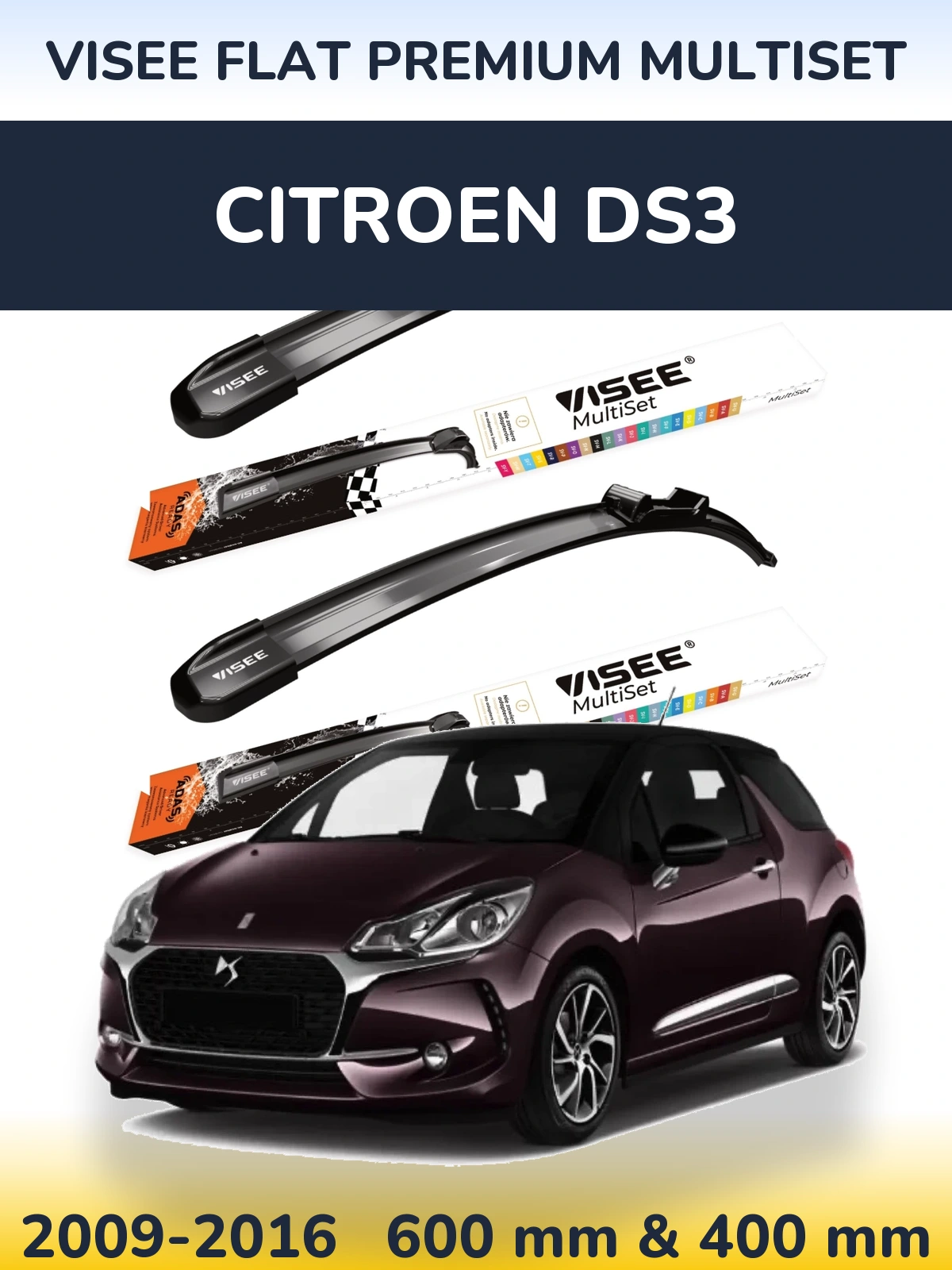 Front wiper blade set VISEE FLAT PREMIUM MultiSet 600 & 400 mm for Citroen DS3 2009-2016