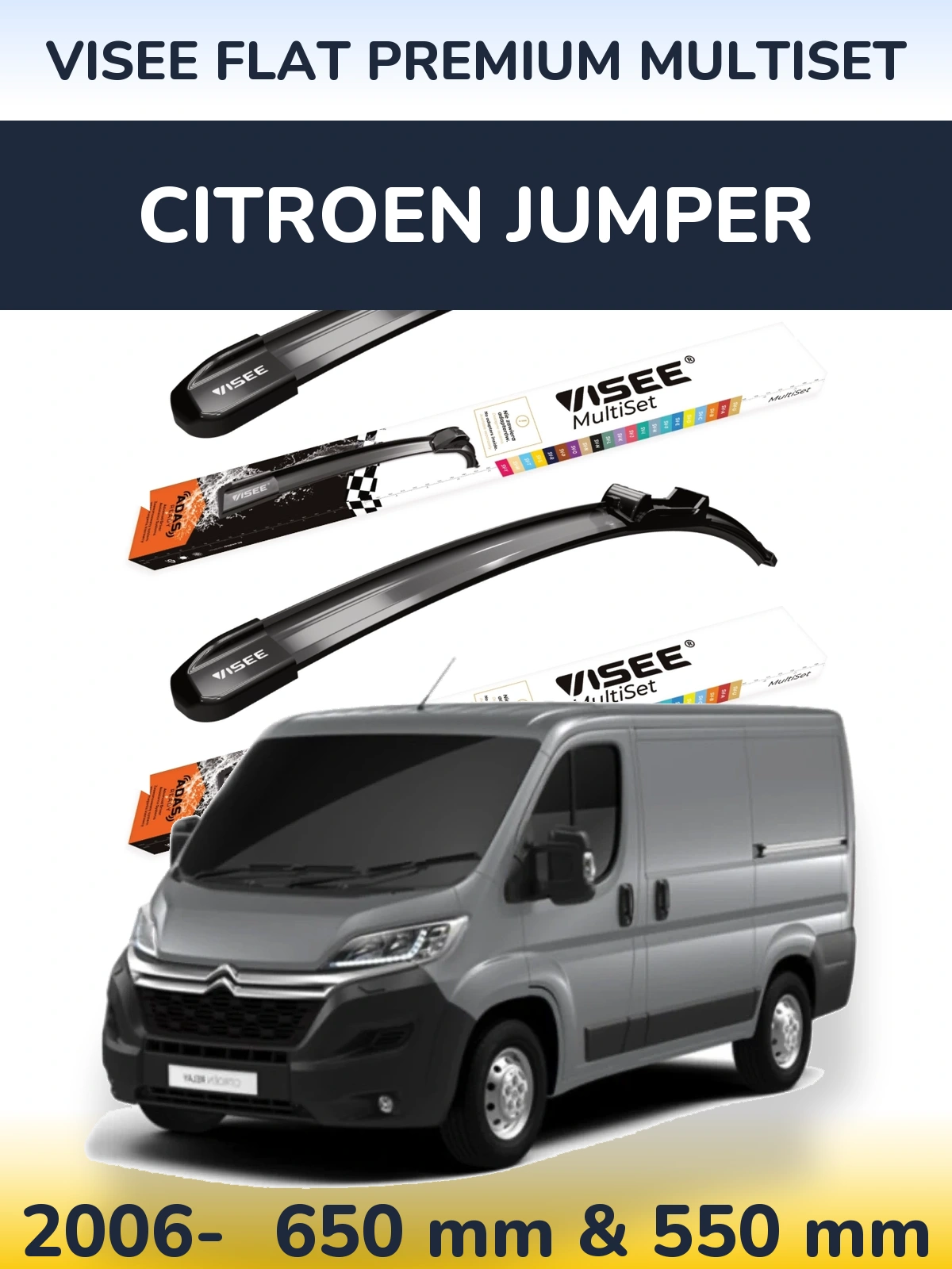 Front wiper blade set VISEE FLAT PREMIUM MultiSet 650 & 550 mm for Citroen Jumper 2006-2026
