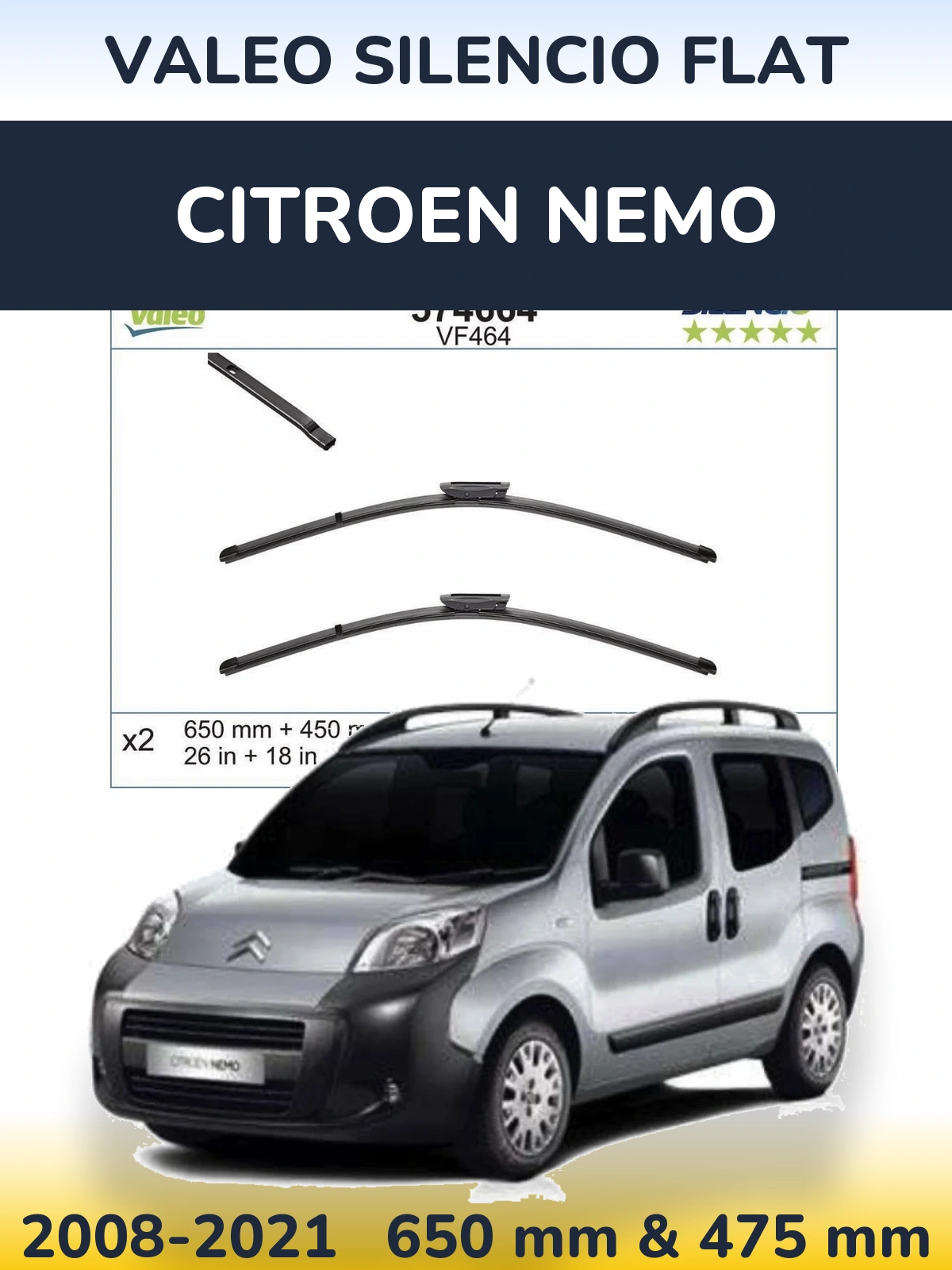 Front wiper blade set Valeo Silencio Flat 650 & 450 mm for Citroen Nemo 2008-2021