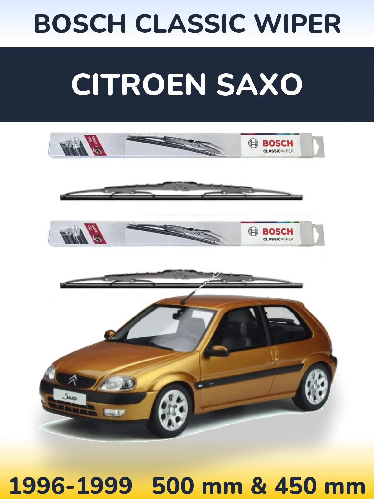 Front wiper blade set BOSCH Classic Wiper 500 & 450 mm for Citroen Saxo 1996-1999