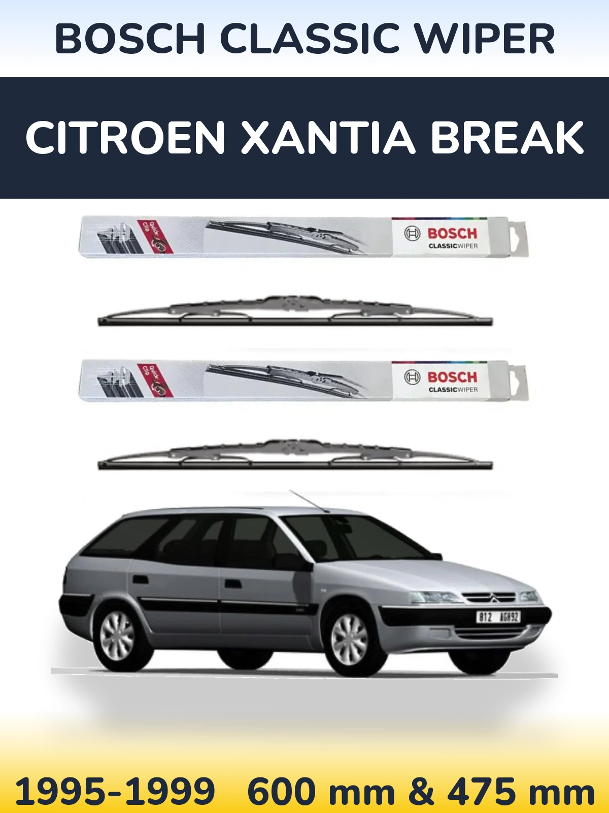 Комплект передніх щіток BOSCH Classic Wiper 600 & 475 мм для Citroen Xantia Break 1995-1999