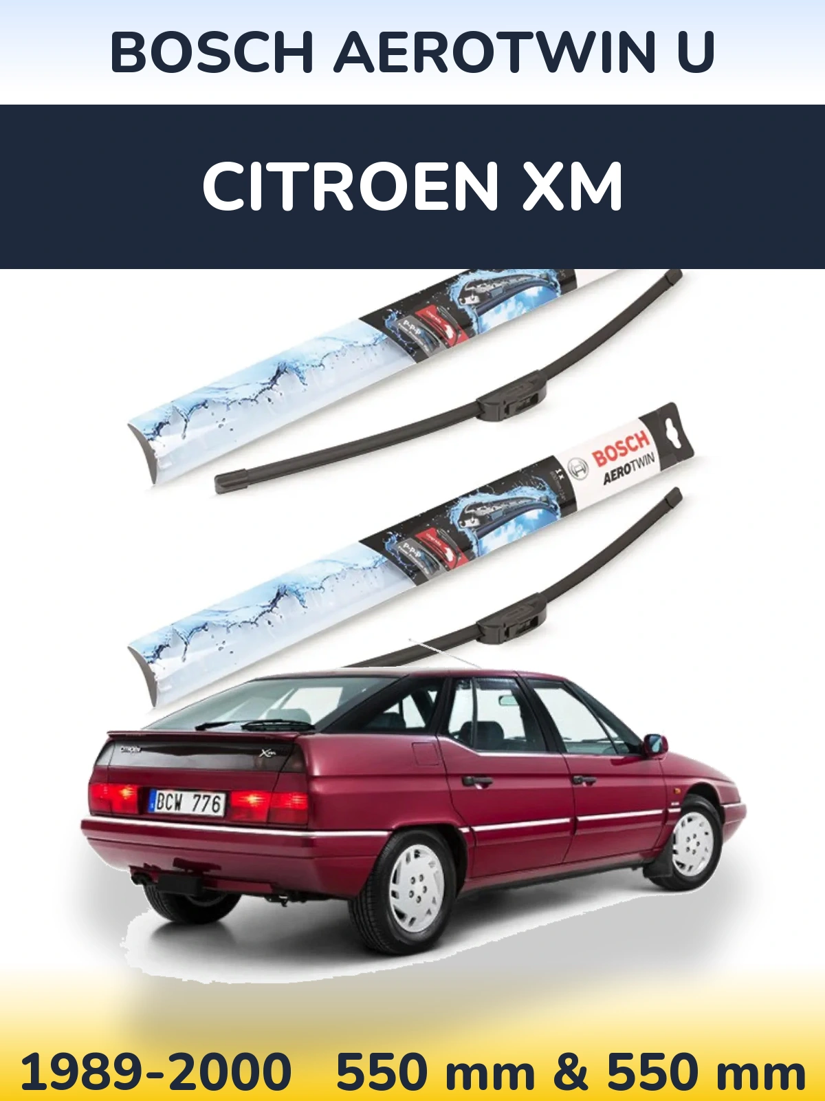 Front wiper blade set BOSCH AeroTwin U 550 & 550 mm for Citroen XM 1989-2000