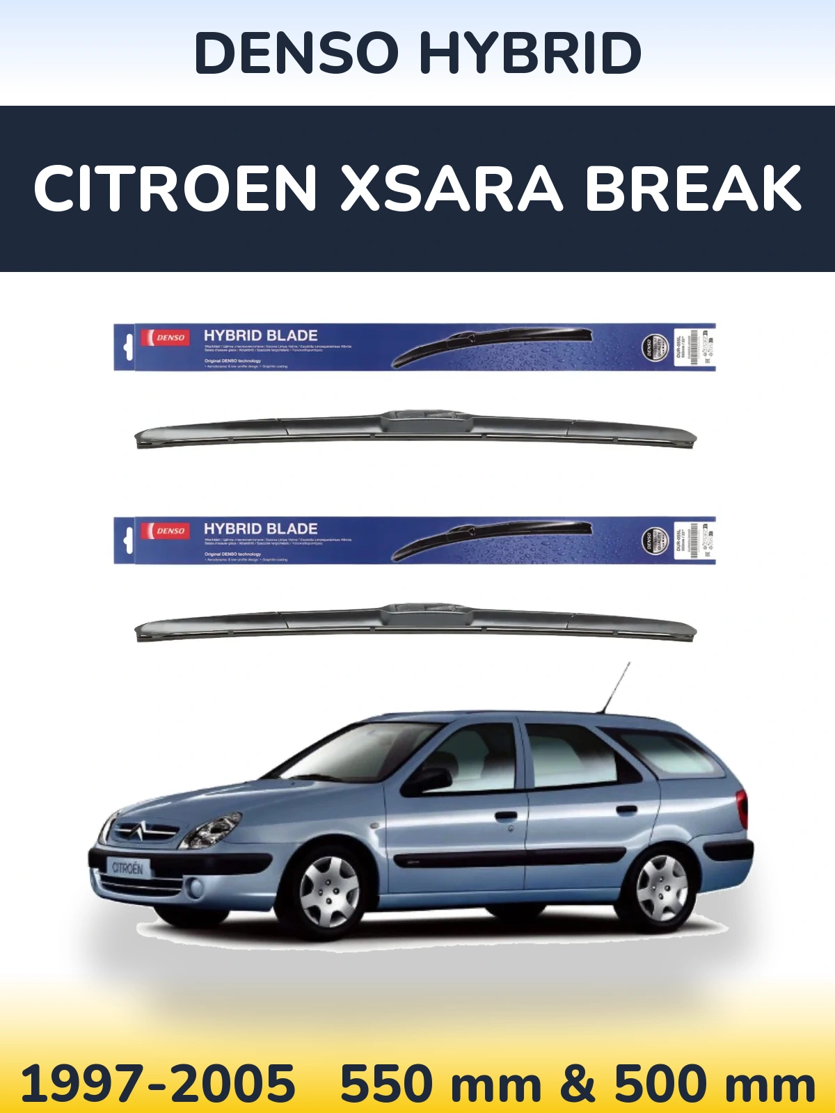 Комплект передних дворников Denso Hybrid 550 & 500 мм для Citroen Xsara Break 1997-2005