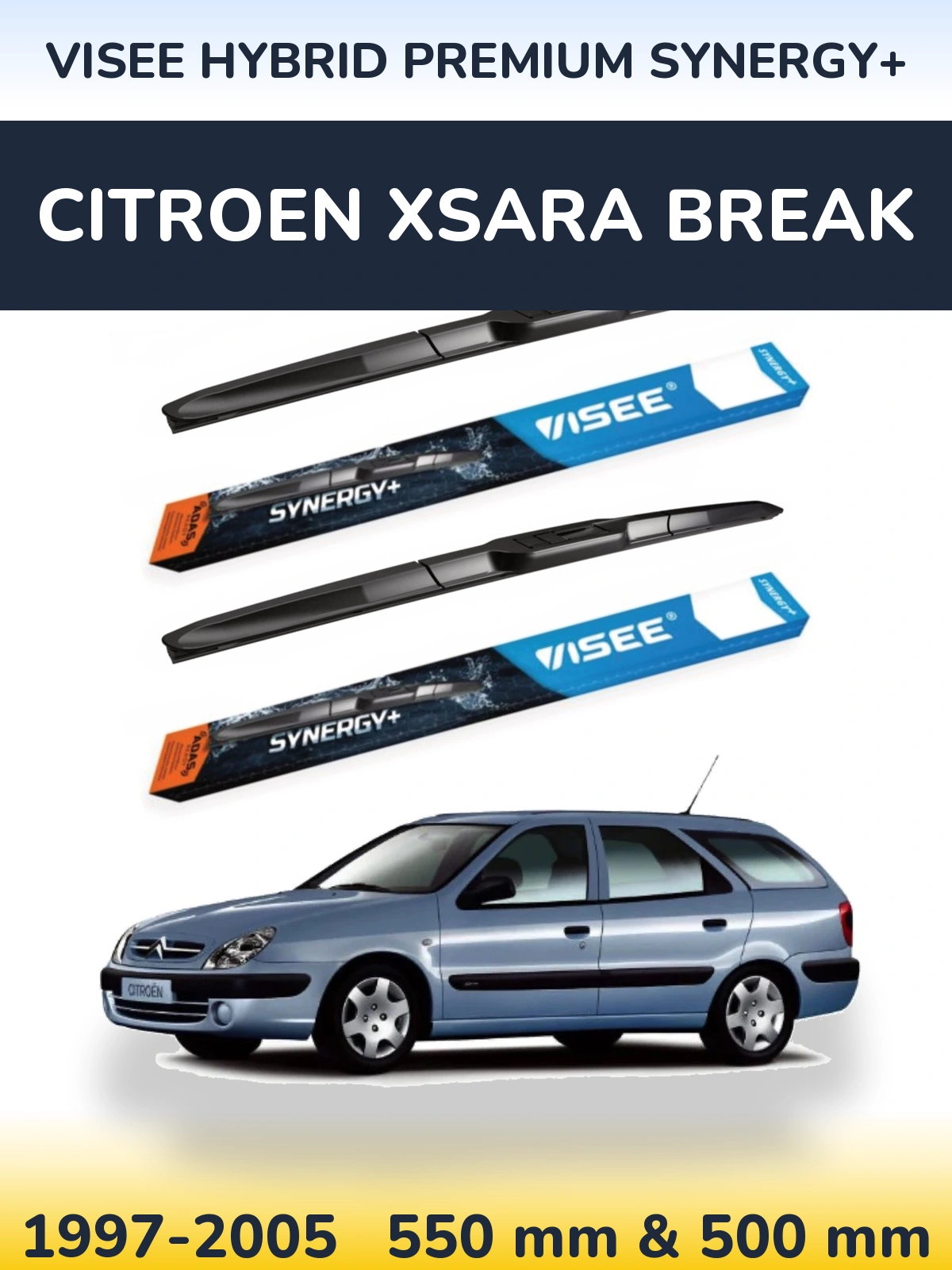 Front wiper blade set VISEE HYBRID PREMIUM SYNERGY+ 550 & 500 mm for Citroen Xsara Break 1997-2005