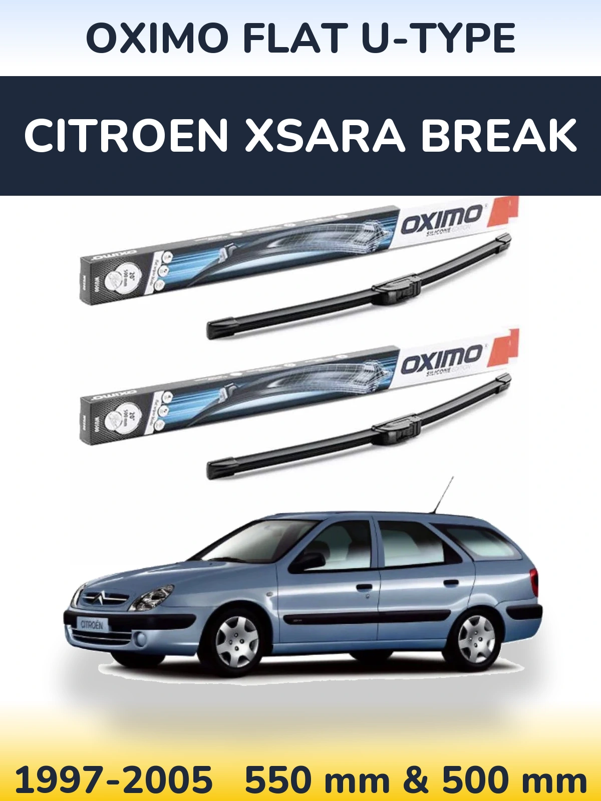 Front wiper blade set Oximo Flat U-type 550 & 500 mm for Citroen Xsara Break 1997-2005