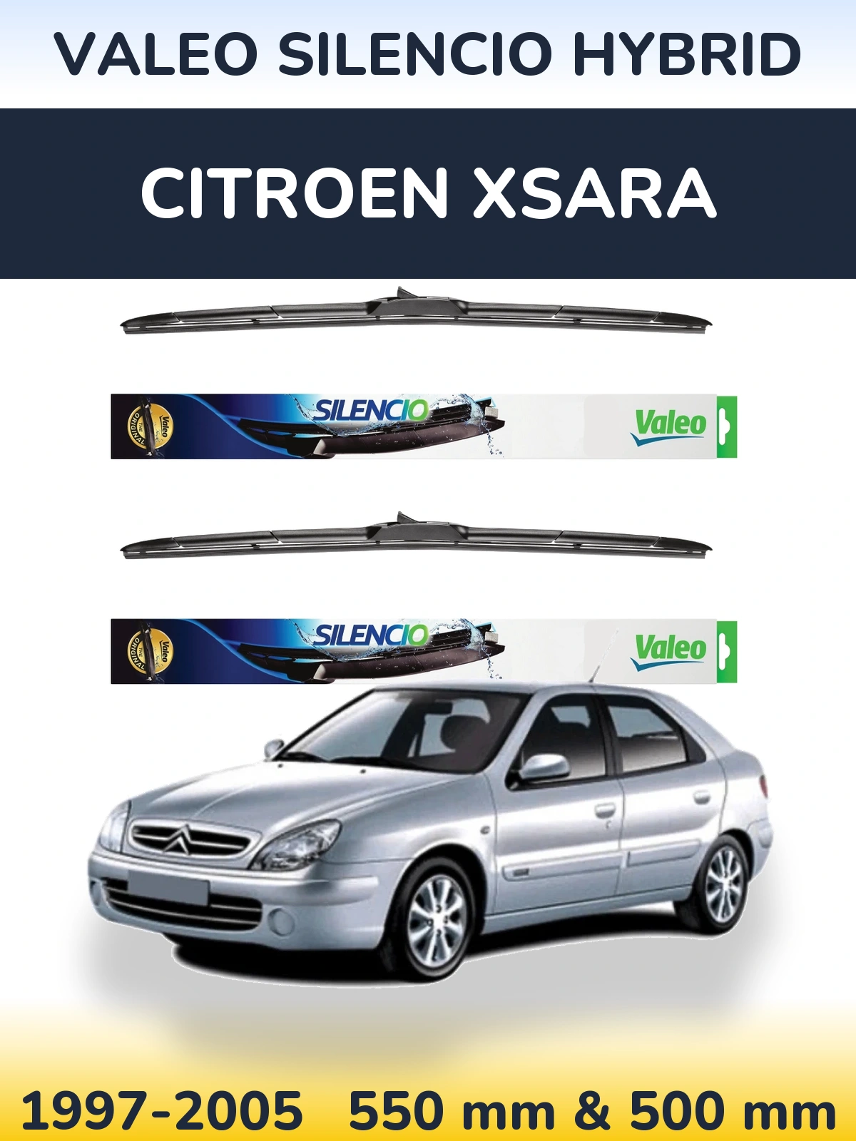 Front wiper blade set Valeo Silencio Hybrid 550 & 500 mm for Citroen Xsara 1997-2005