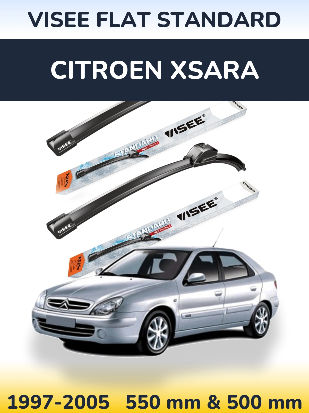 Front wiper blade set VISEE FLAT STANDARD 550 & 500 mm for Citroen Xsara 1997-2005