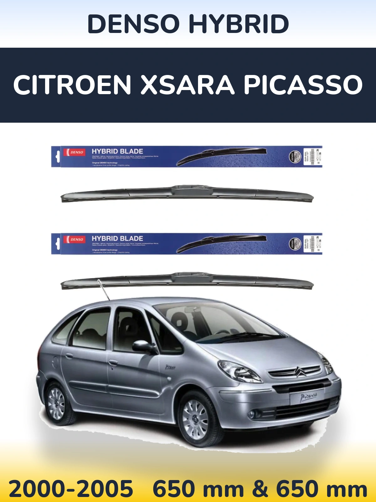 Front wiper blade set Denso Hybrid 650 & 650 mm for Citroen Xsara Picasso 2000-2005