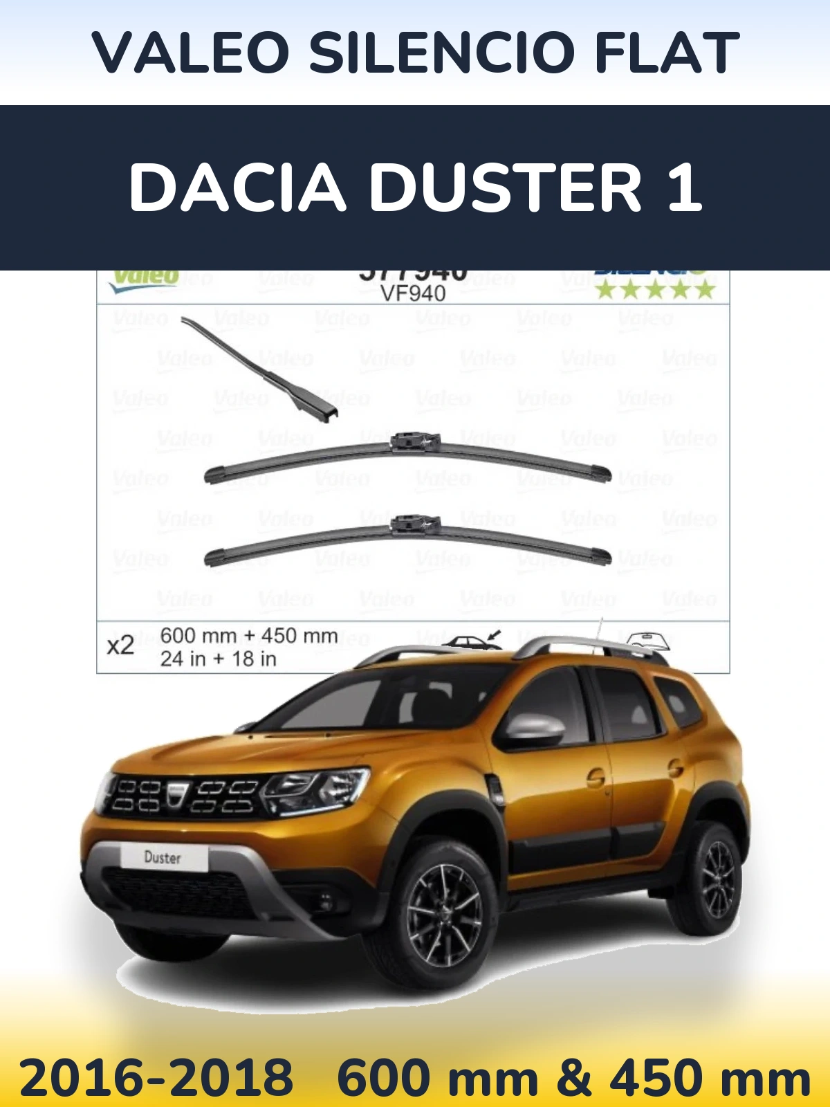 Front wiper blade set Valeo Silencio Flat 600 & 450 mm for Dacia Duster 1 2016-2018