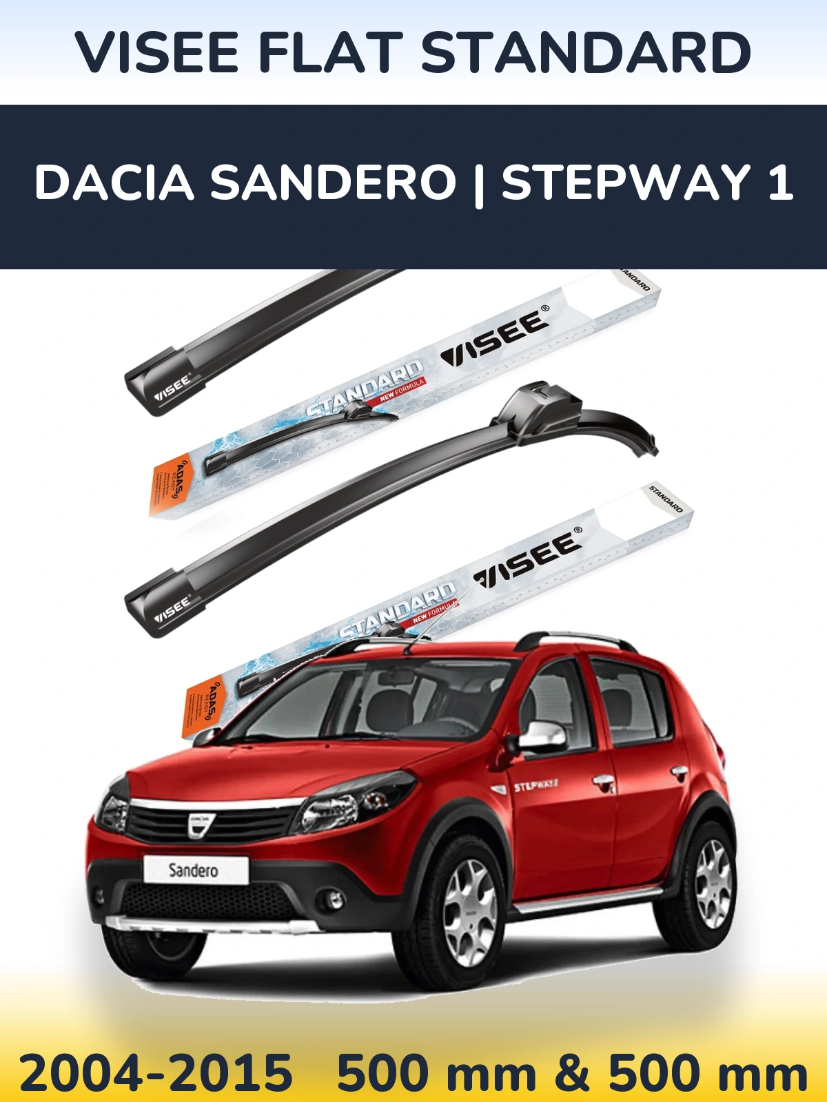 Front wiper blade set VISEE FLAT STANDARD 500 & 500 mm for Dacia Sandero | Stepway 1 2004-2015
