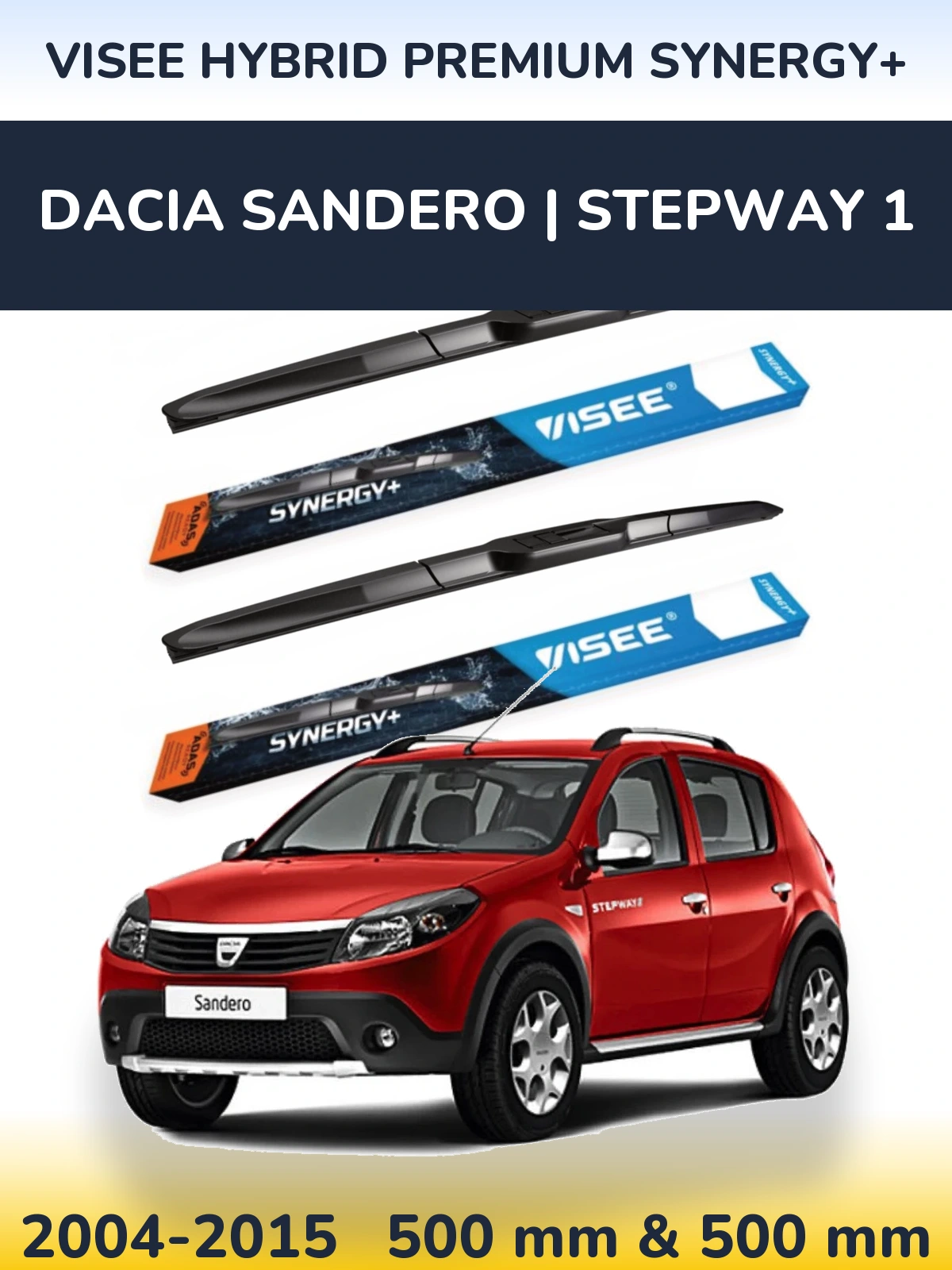 Front wiper blade set VISEE HYBRID PREMIUM SYNERGY+ 500 & 500 mm for Dacia Sandero | Stepway 1 2004-2015