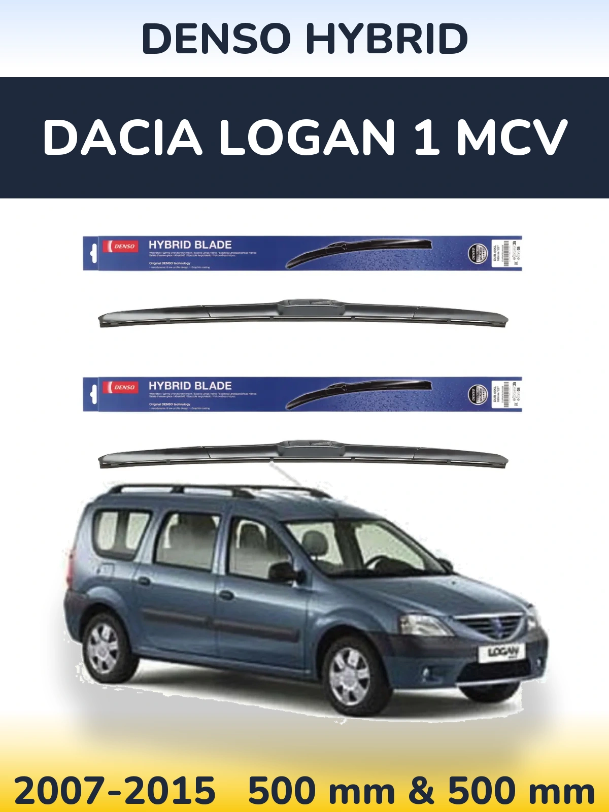 Front wiper blade set Denso Hybrid 500 & 500 mm for Dacia Logan 1 MCV 2007-2015