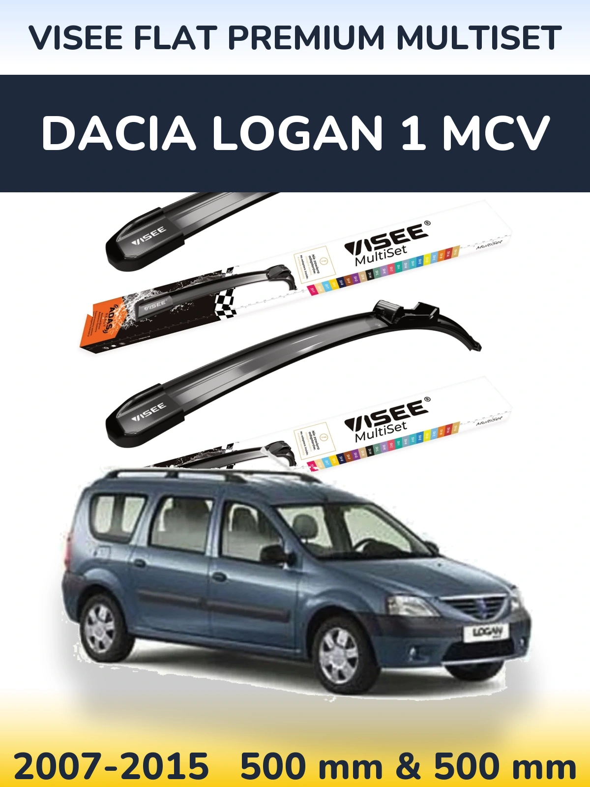 Front wiper blade set VISEE FLAT PREMIUM MultiSet 500 & 500 mm for Dacia Logan 1 MCV 2007-2015