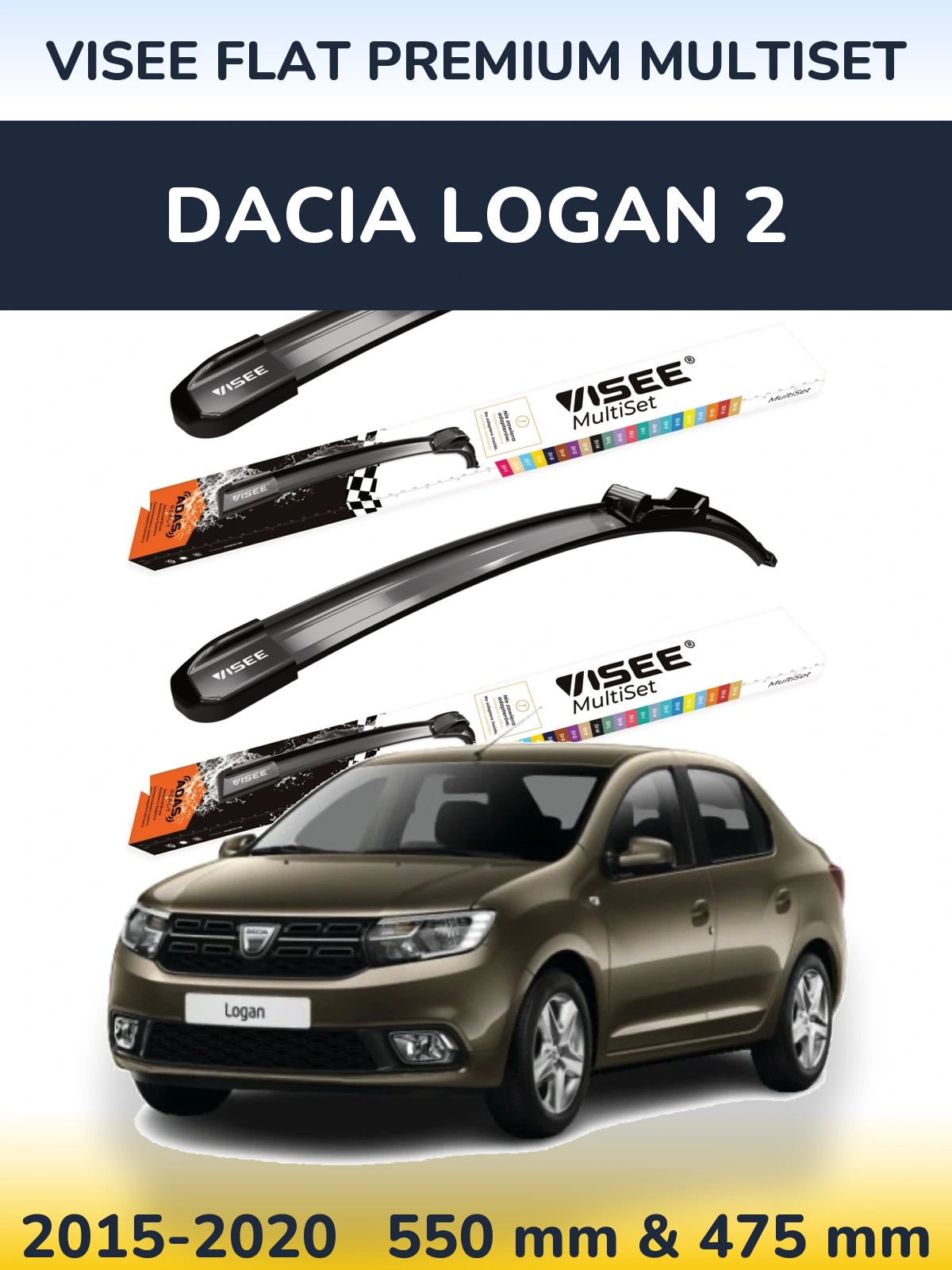 Front wiper blade set VISEE FLAT PREMIUM MultiSet 550 & 475 mm for Dacia Logan 2 2015-2020