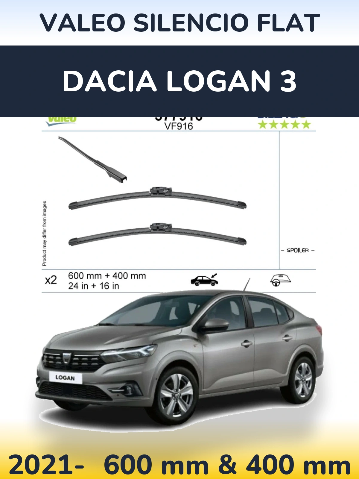 Комплект передніх щіток Valeo Silencio Flat 600 & 400 мм для Dacia Logan 3 2021-2026
