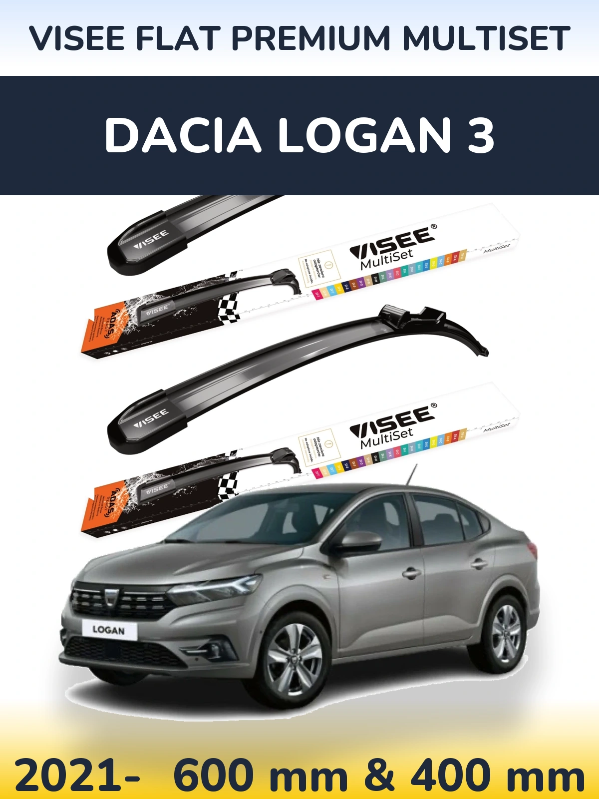 Front wiper blade set VISEE FLAT PREMIUM MultiSet 600 & 400 mm for Dacia Logan 3 2021-2026