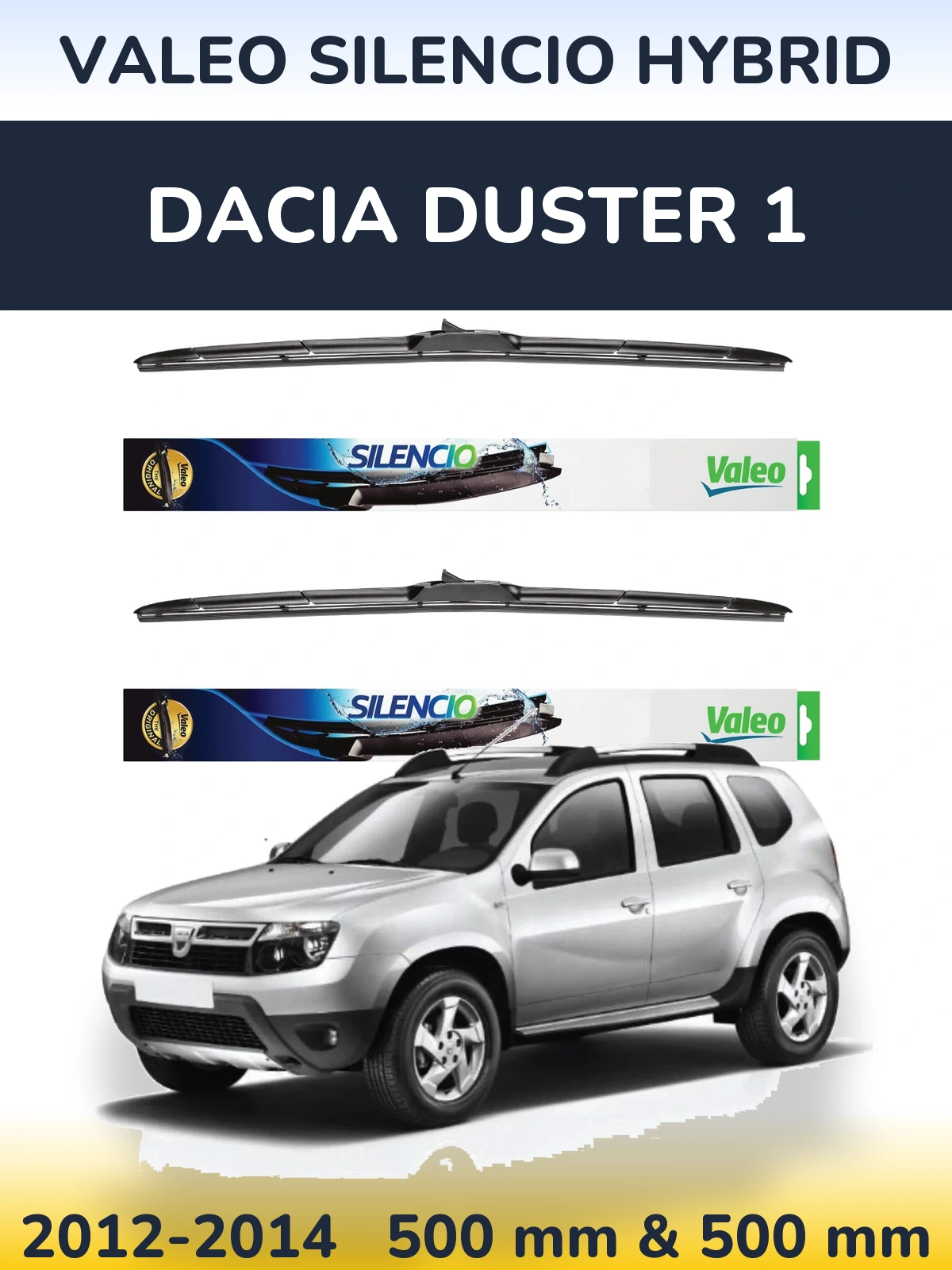 Front wiper blade set Valeo Silencio Hybrid 500 & 500 mm for Dacia Duster 1 2012-2014