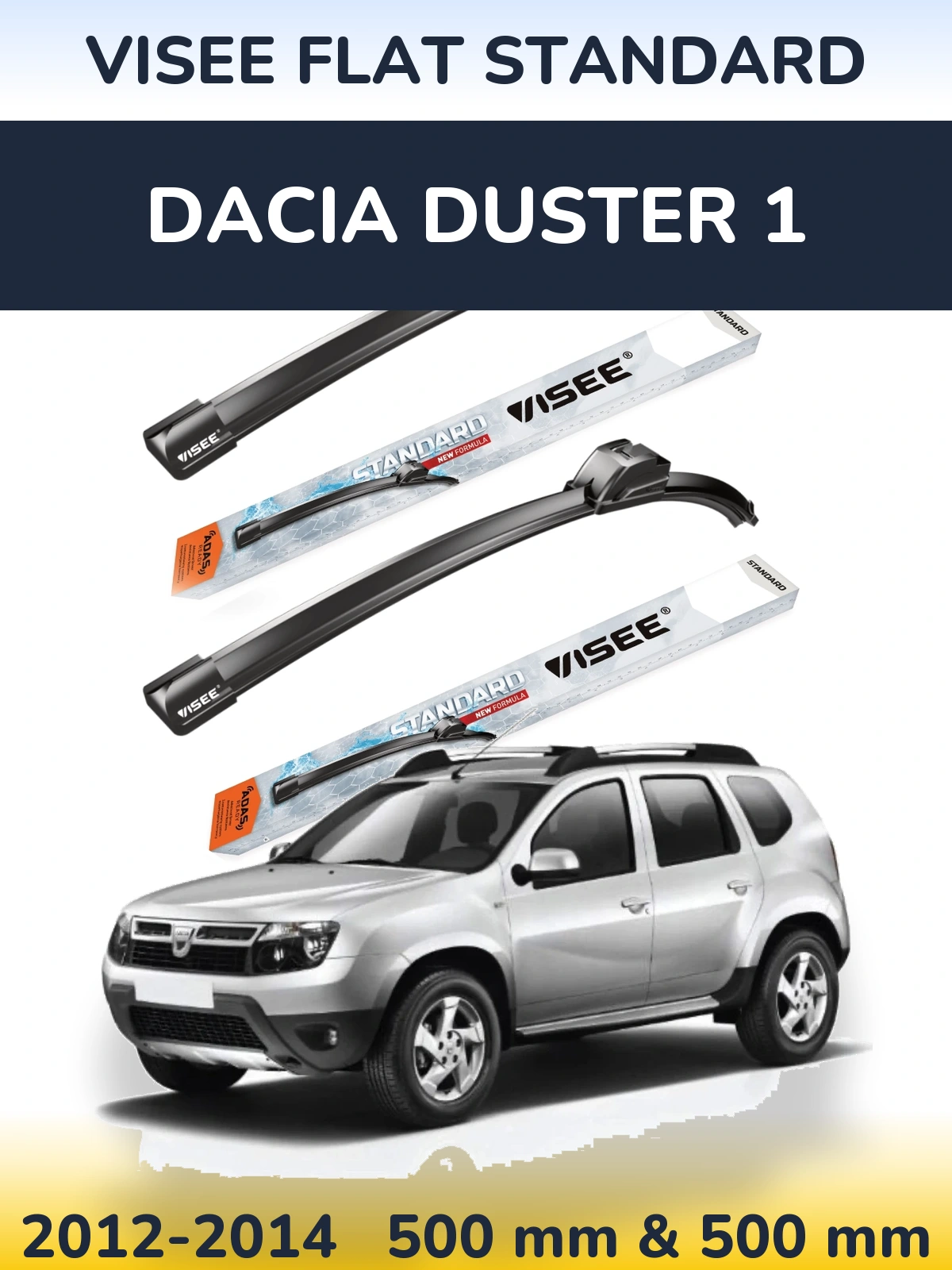 Front wiper blade set VISEE FLAT STANDARD 500 & 500 mm for Dacia Duster 1 2012-2014