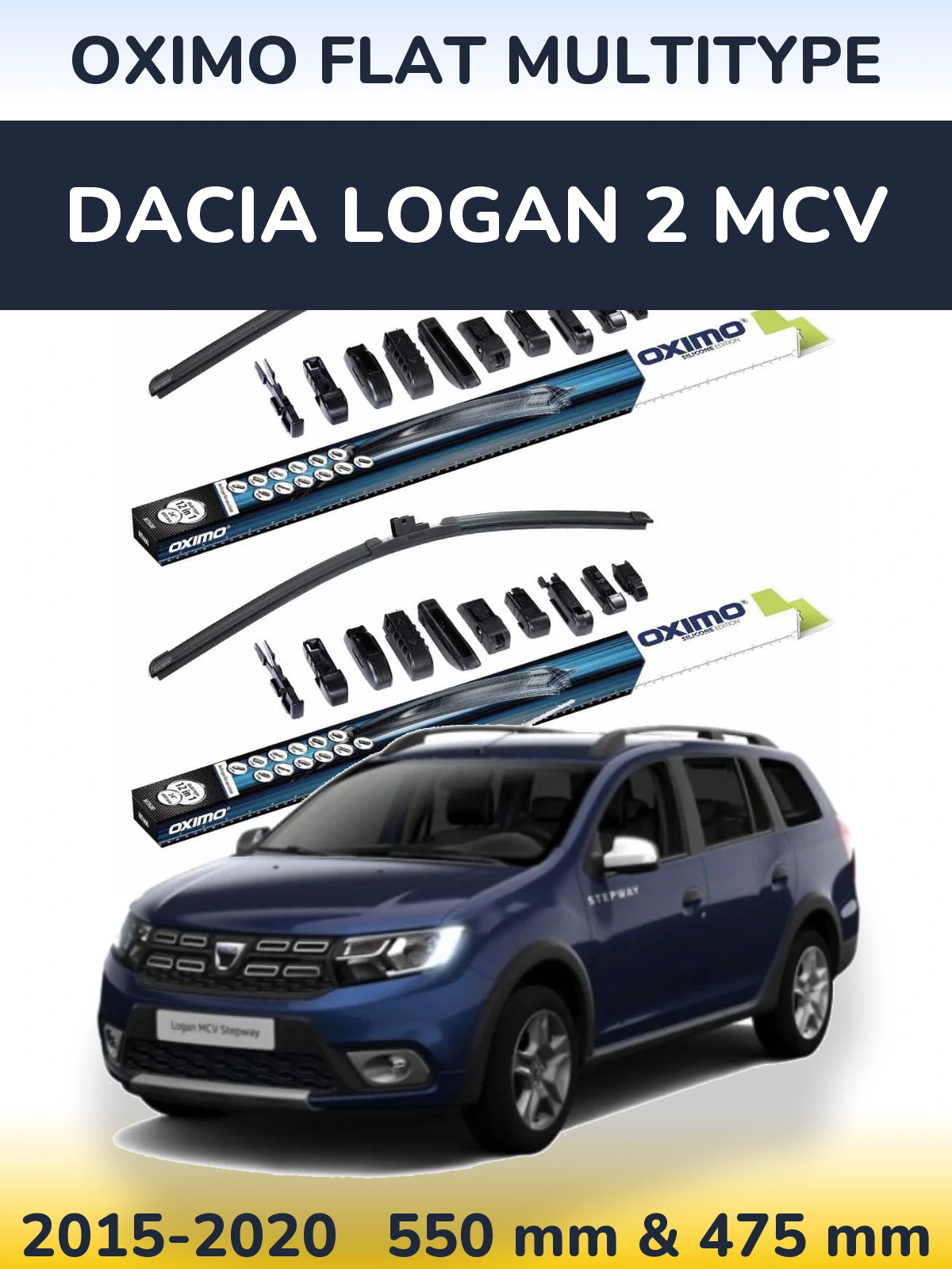 Front wiper blade set Oximo Flat MultiTipoe 550 & 475 mm for Dacia Logan 2 MCV 2015-2020