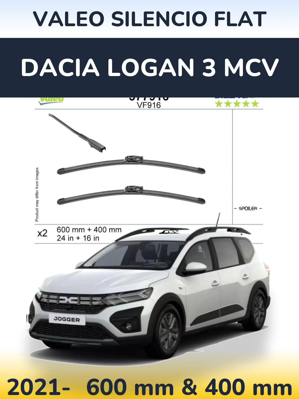 Front wiper blade set Valeo Silencio Flat 600 & 400 mm for Dacia Logan 3 MCV 2021-2026