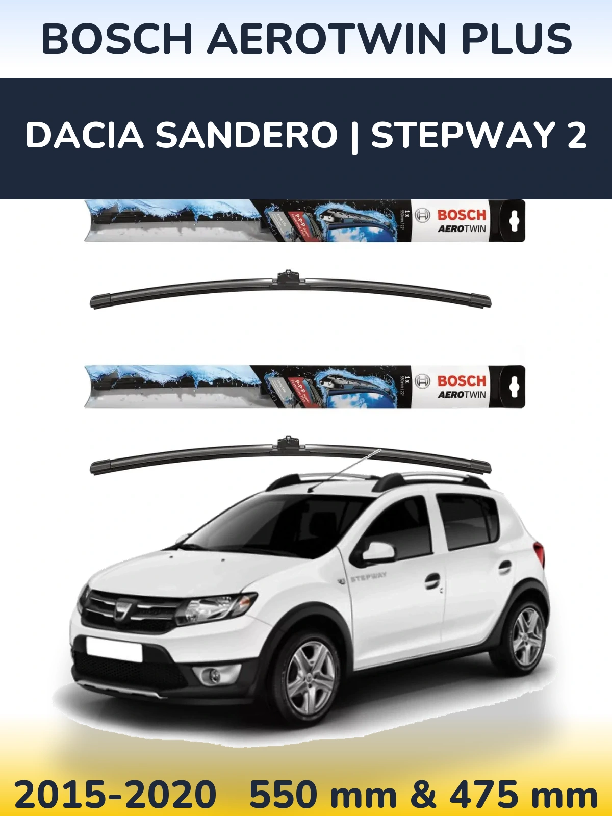 Front wiper blade set BOSCH AeroTwin Plus 550 & 475 mm for Dacia Sandero | Stepway 2 2015-2020