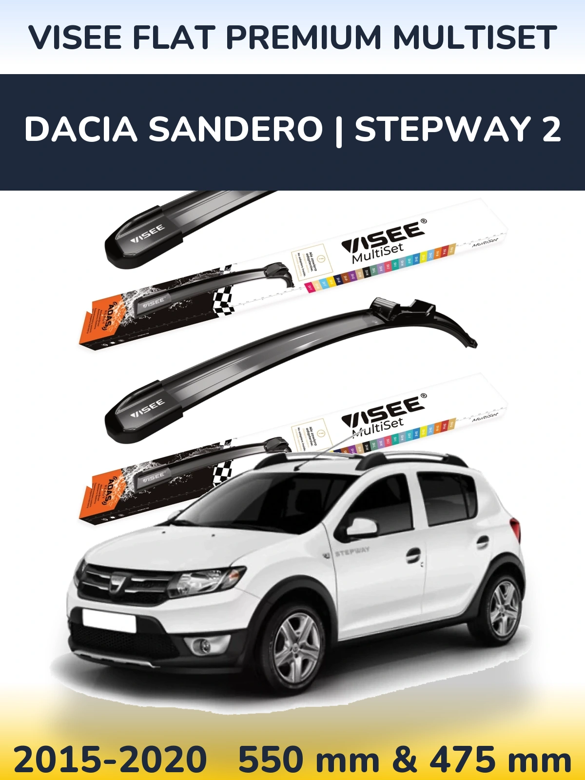 Комплект передних дворников VISEE FLAT PREMIUM MultiSet 550 & 475 мм для Dacia Sandero | Stepway 2 2015-2020