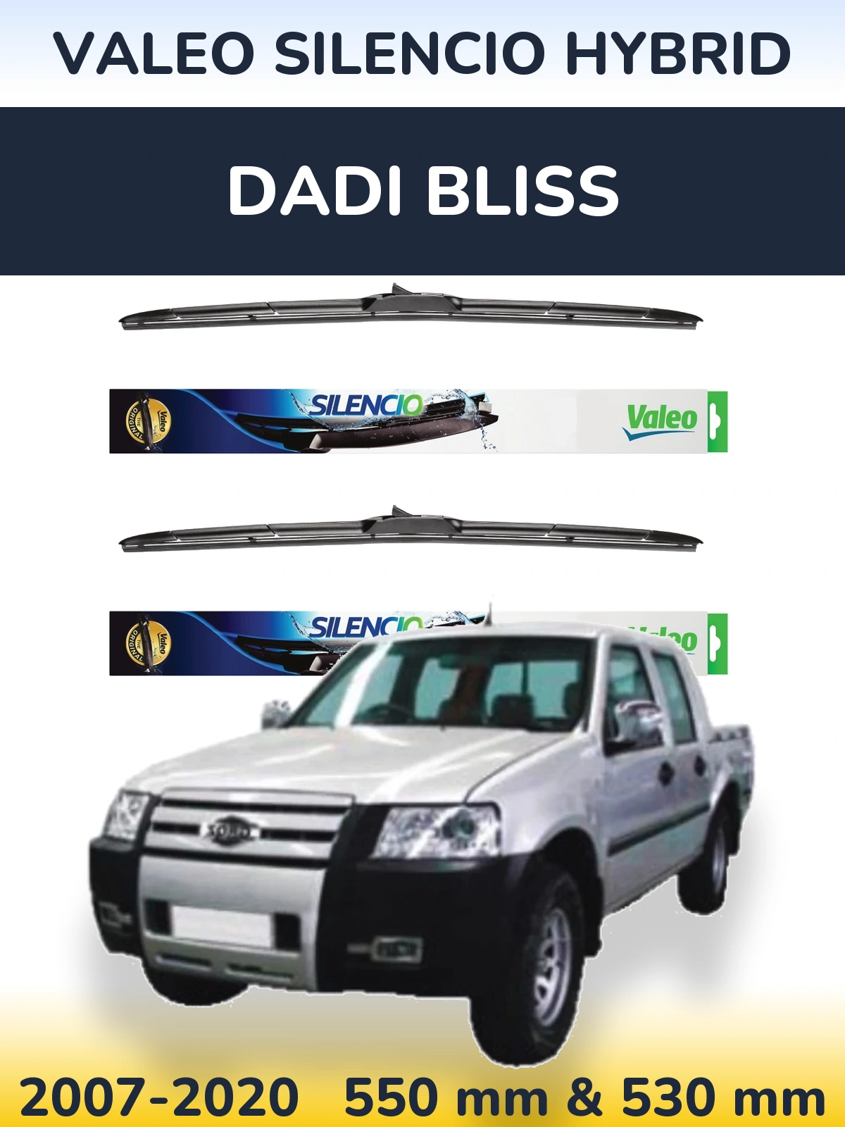 Front wiper blade set Valeo Silencio Hybrid 550 & 530 mm for Dadi Bliss 2007-2020
